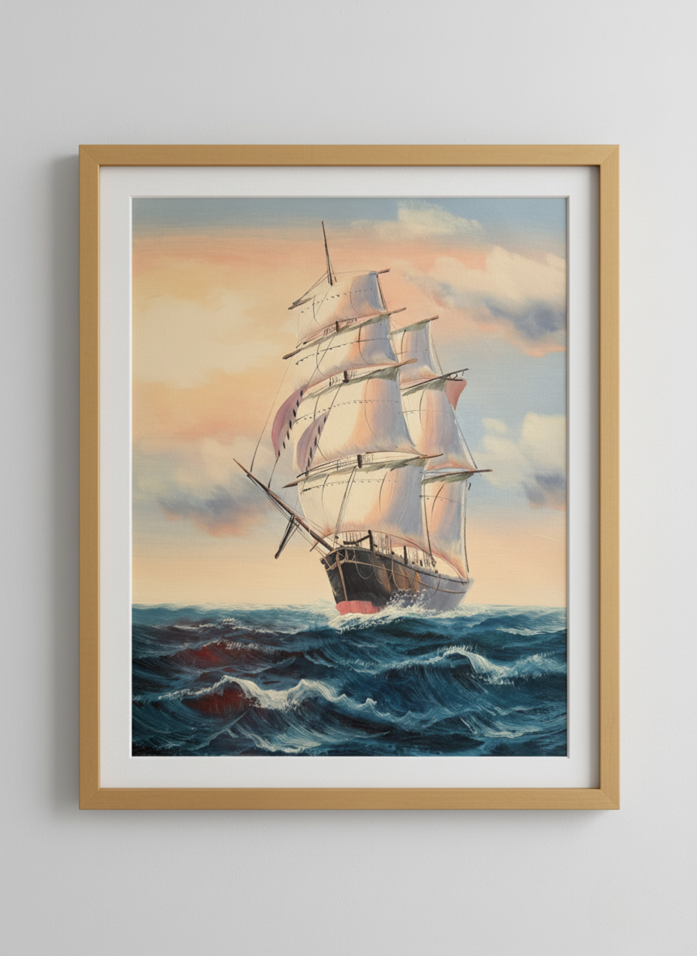 Framed artwork of a sailboat on choppy waters with a sunset sky.