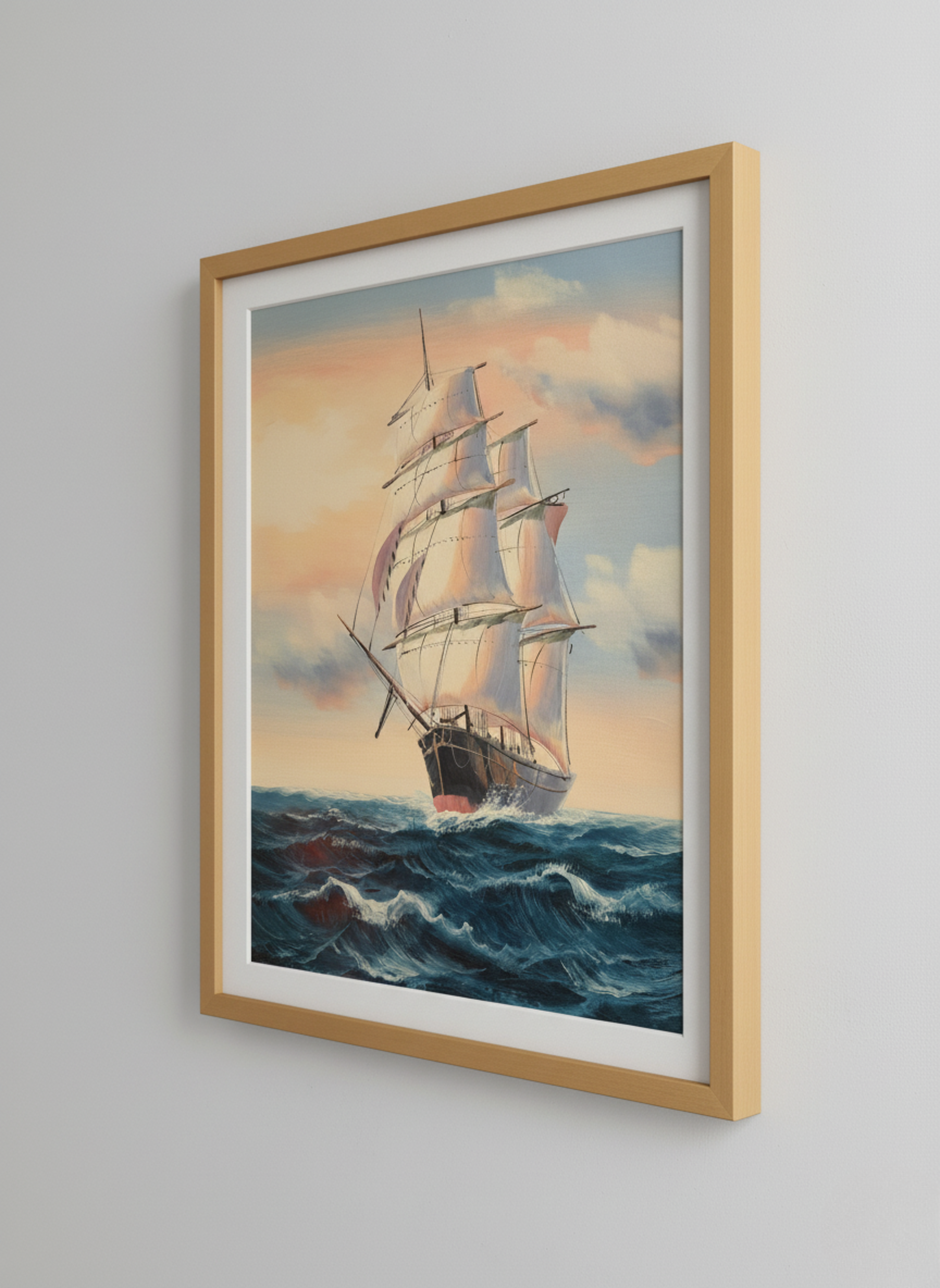Framed painting of a ship on a stormy sea against a sunset sky.