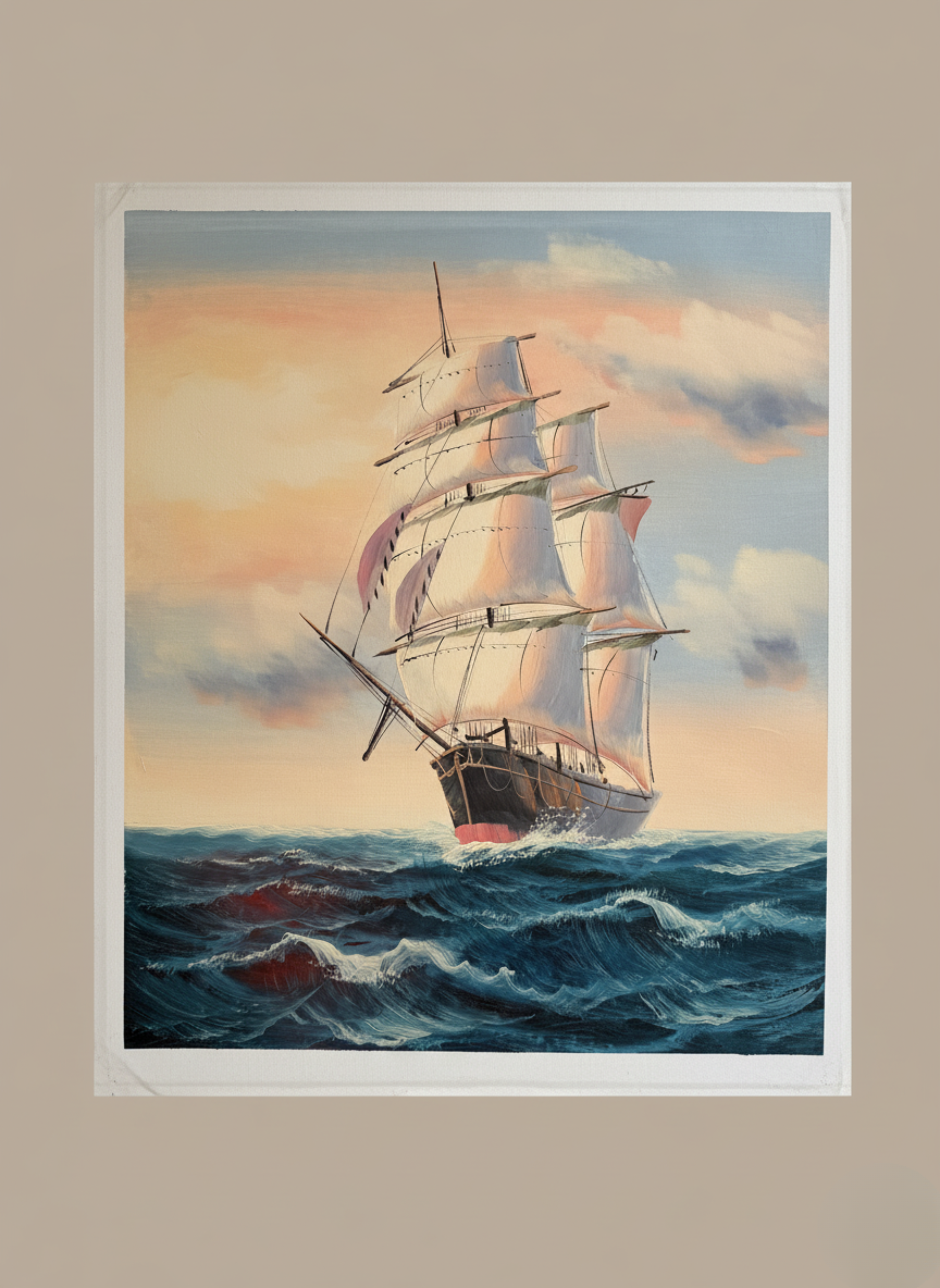Painting of a ship on choppy waters with a colorful sky.