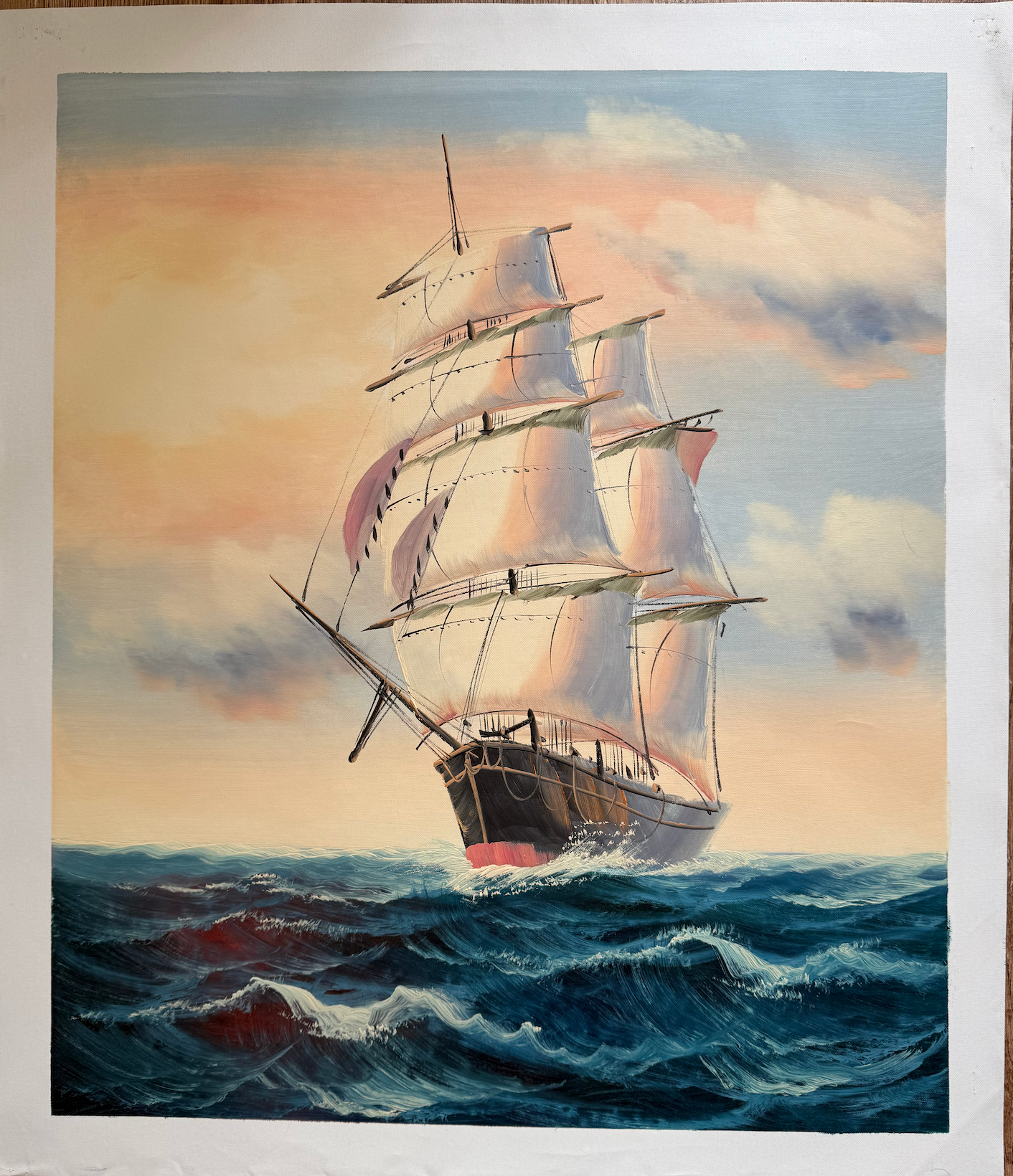 Painting of a ship on choppy waters with a colorful sky