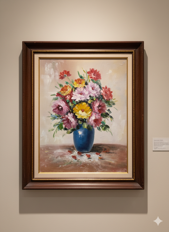 Framed painting of a bouquet of flowers in a blue vase on a beige wall.