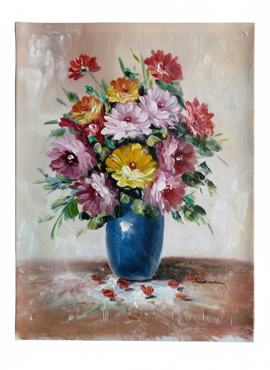 Painting of a bouquet of flowers in a blue vase on a textured surface