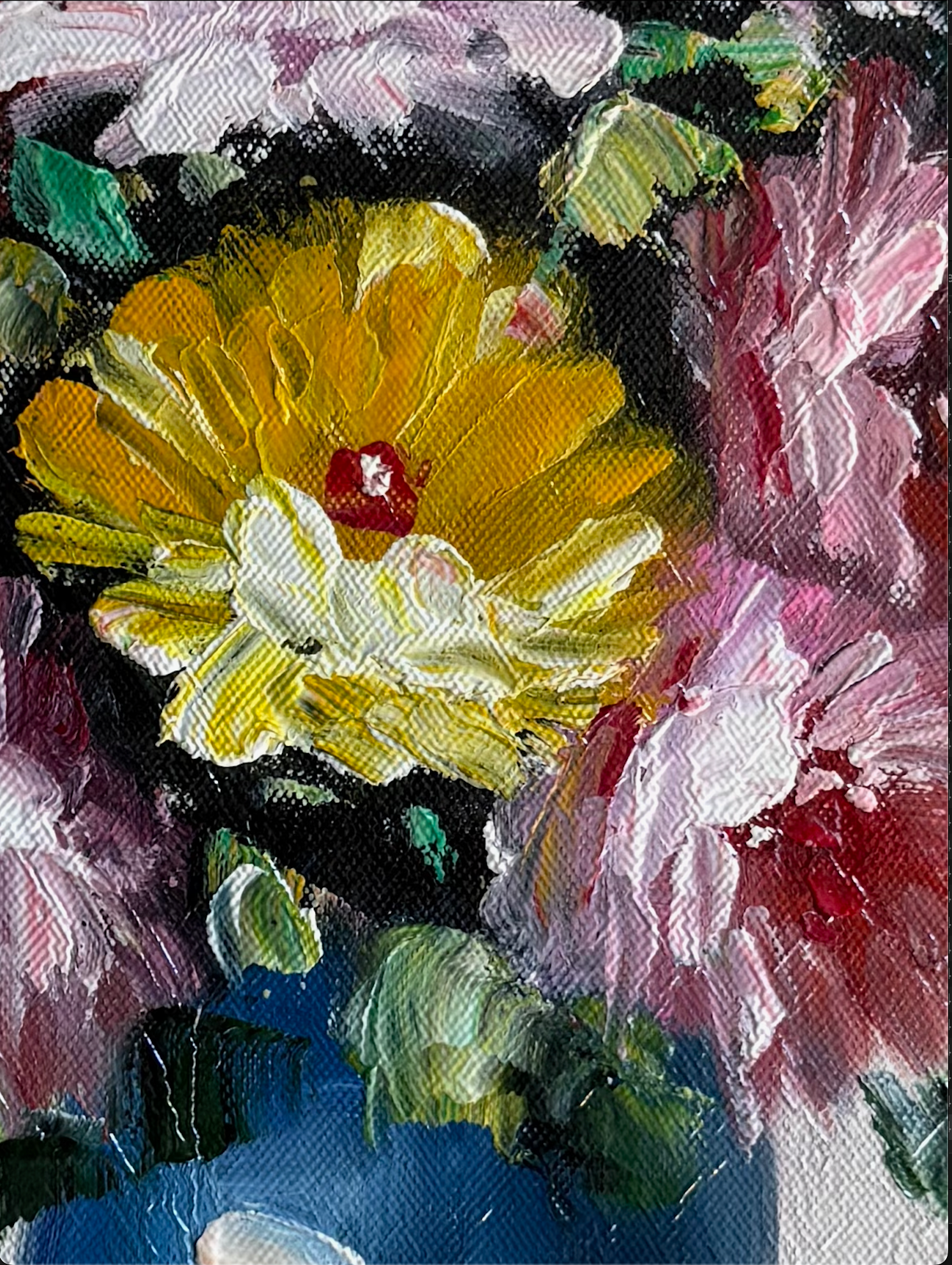 Close-up of a painting with a yellow flower and pink flowers in the background