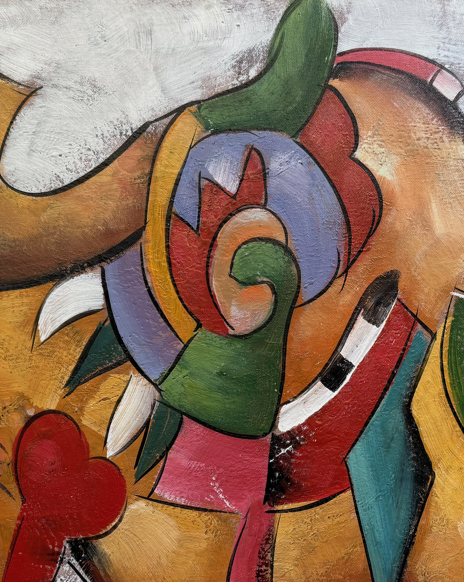 Abstract artwork with colorful shapes and forms on a textured background