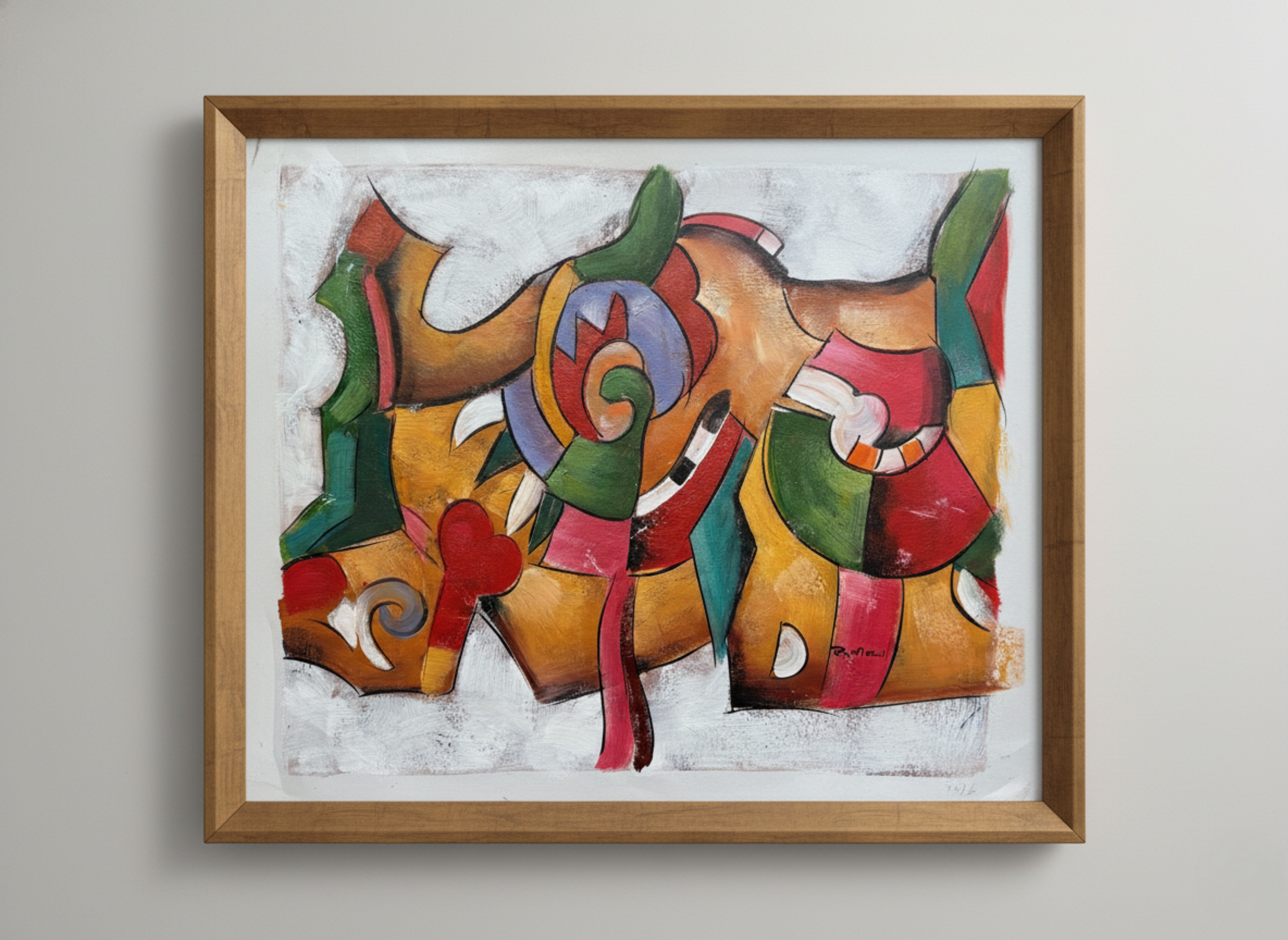 Framed abstract artwork with colorful geometric shapes on a light gray background