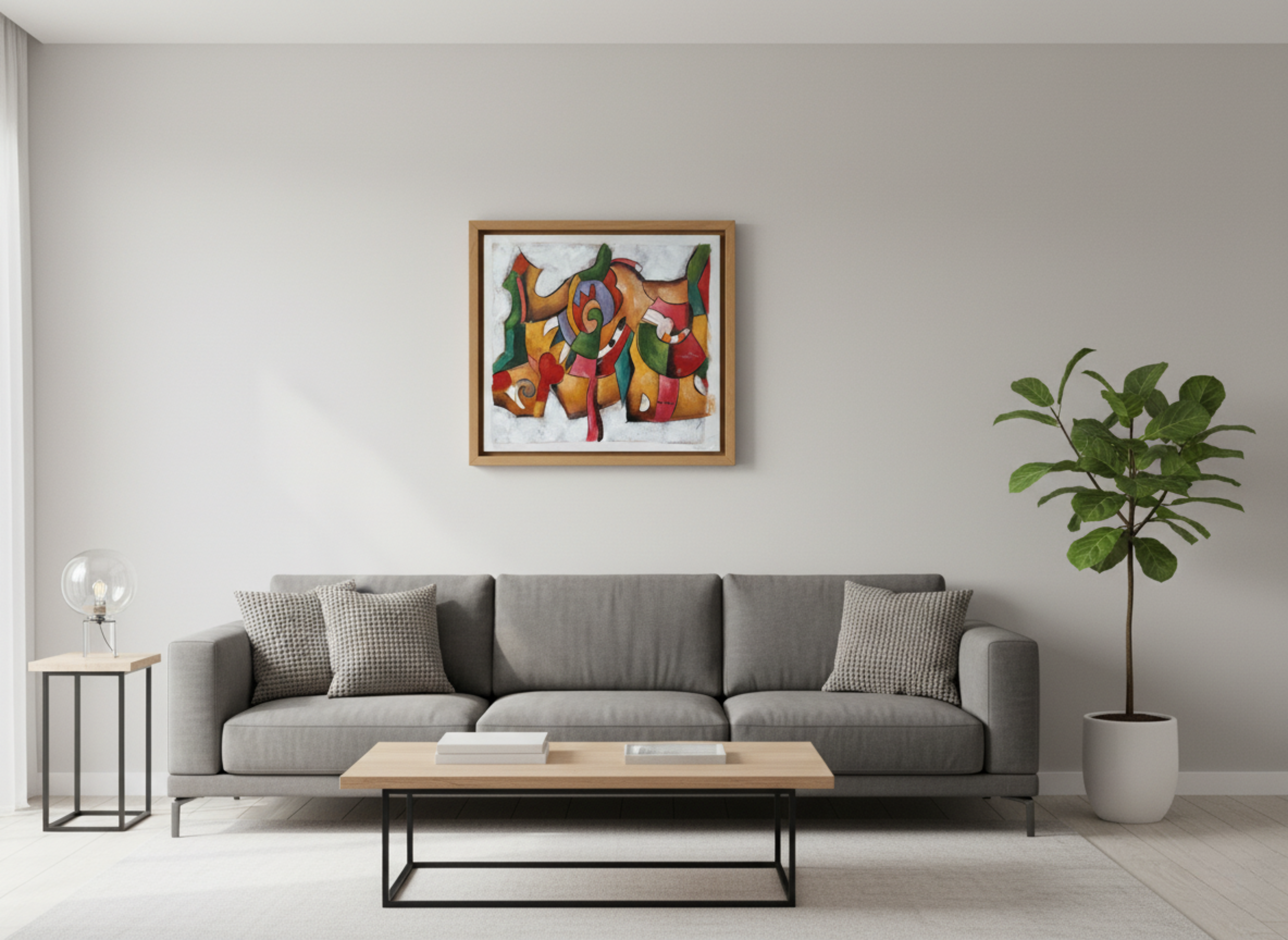 Modern living room with a gray sofa, coffee table, and colorful abstract painting on the wall.