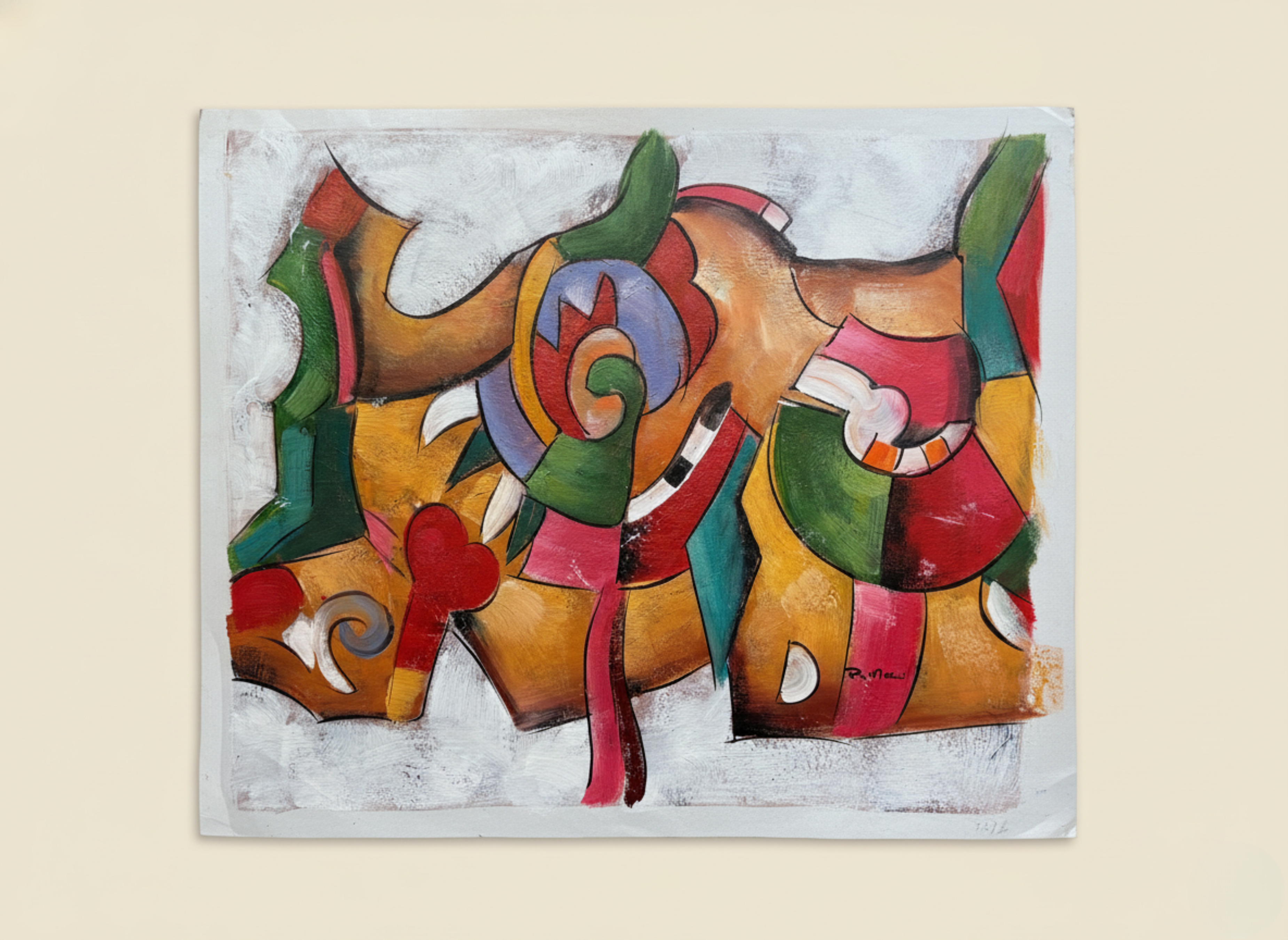 Abstract colorful painting of a dog on a beige background