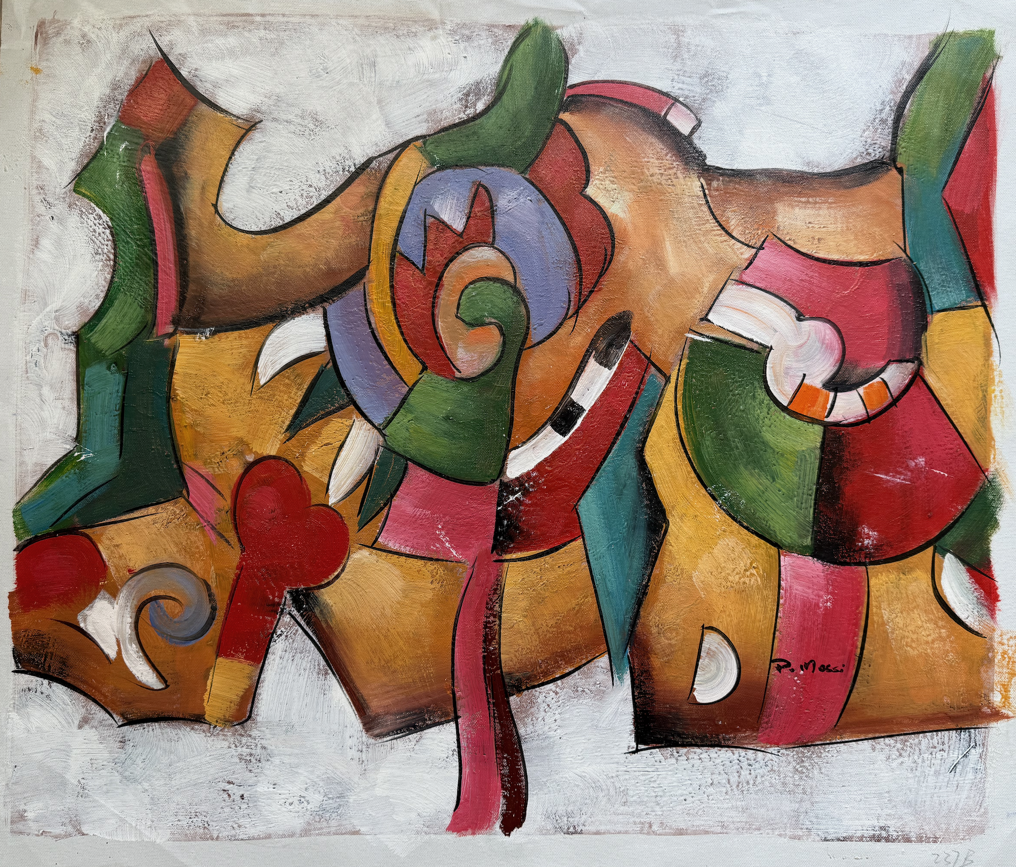 Abstract artwork with colorful geometric shapes on a textured white background