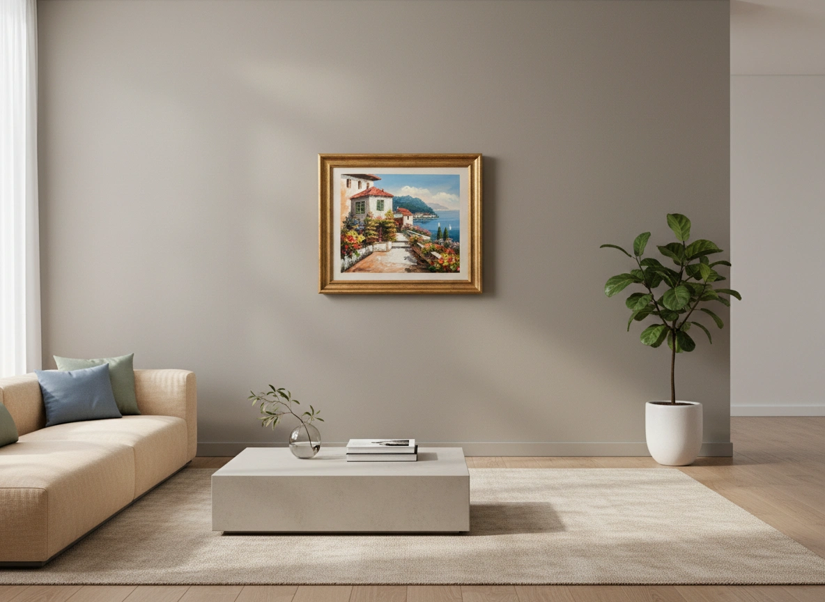 Living room with a painting on the wall, sofa, coffee table, and plant.