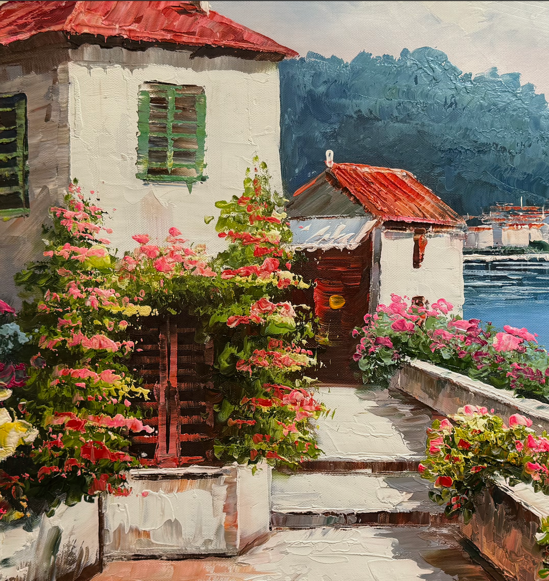 Painting of a house with flowers and a mountain in the background