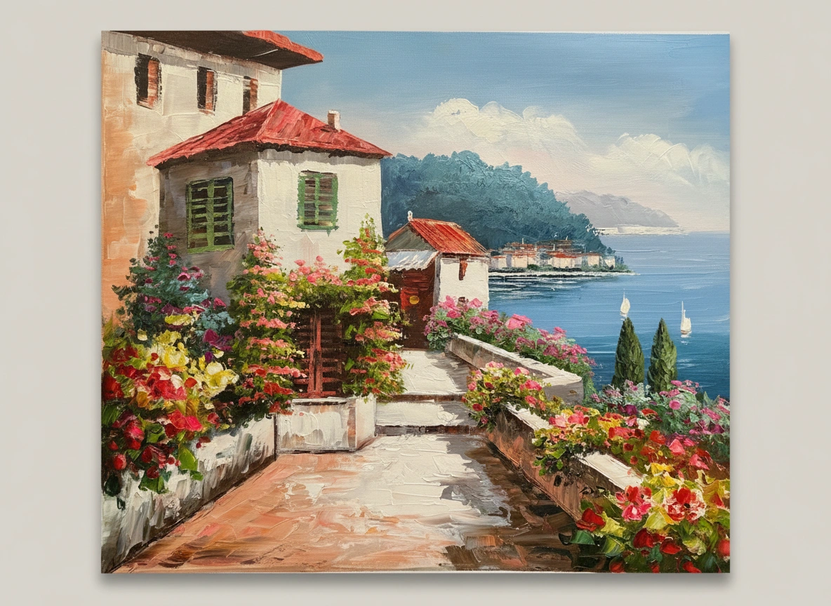 Painting of a scenic coastal village with flowers and a house.