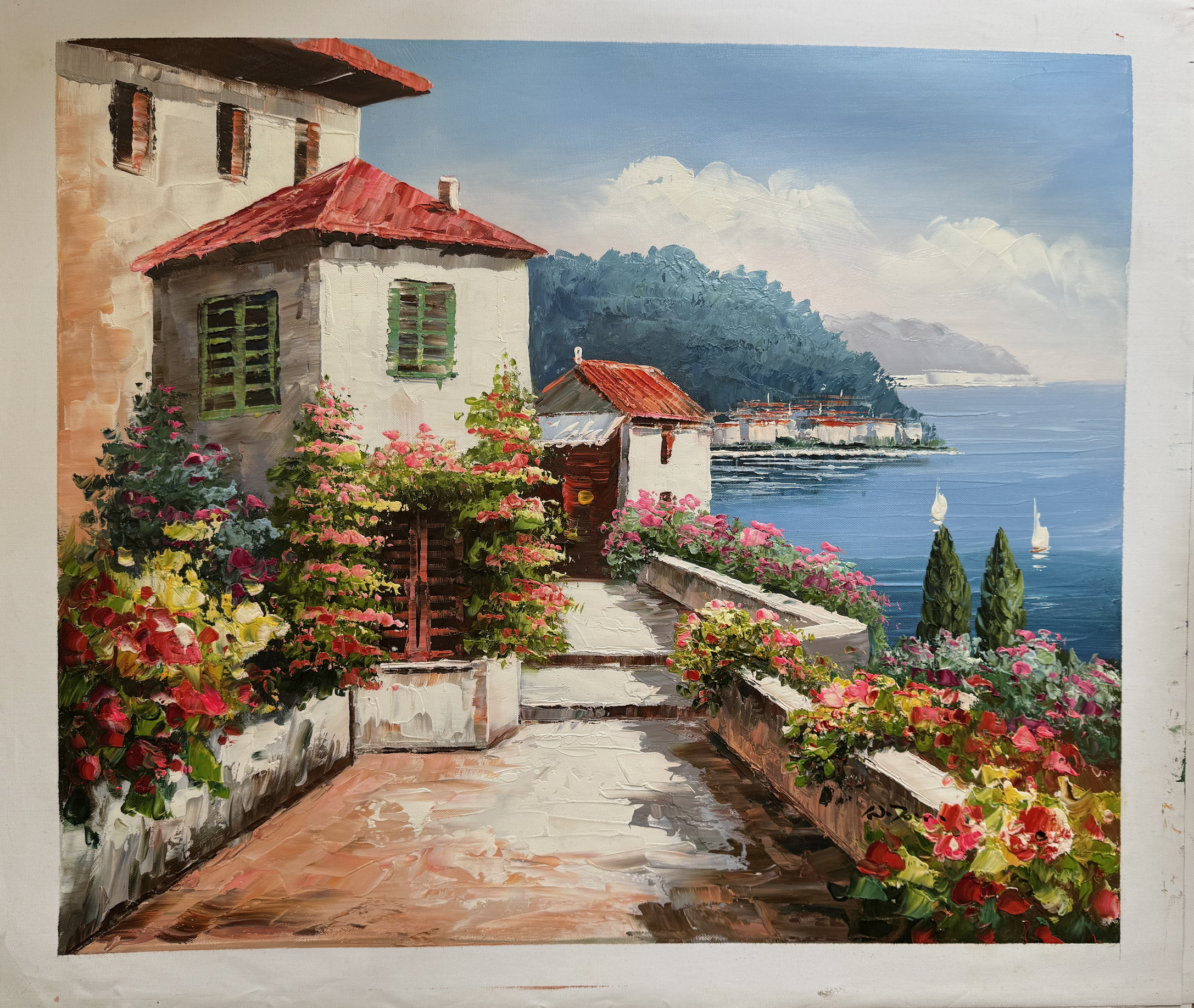 Painting of a coastal scene with houses, flowers, and a path leading to the sea.