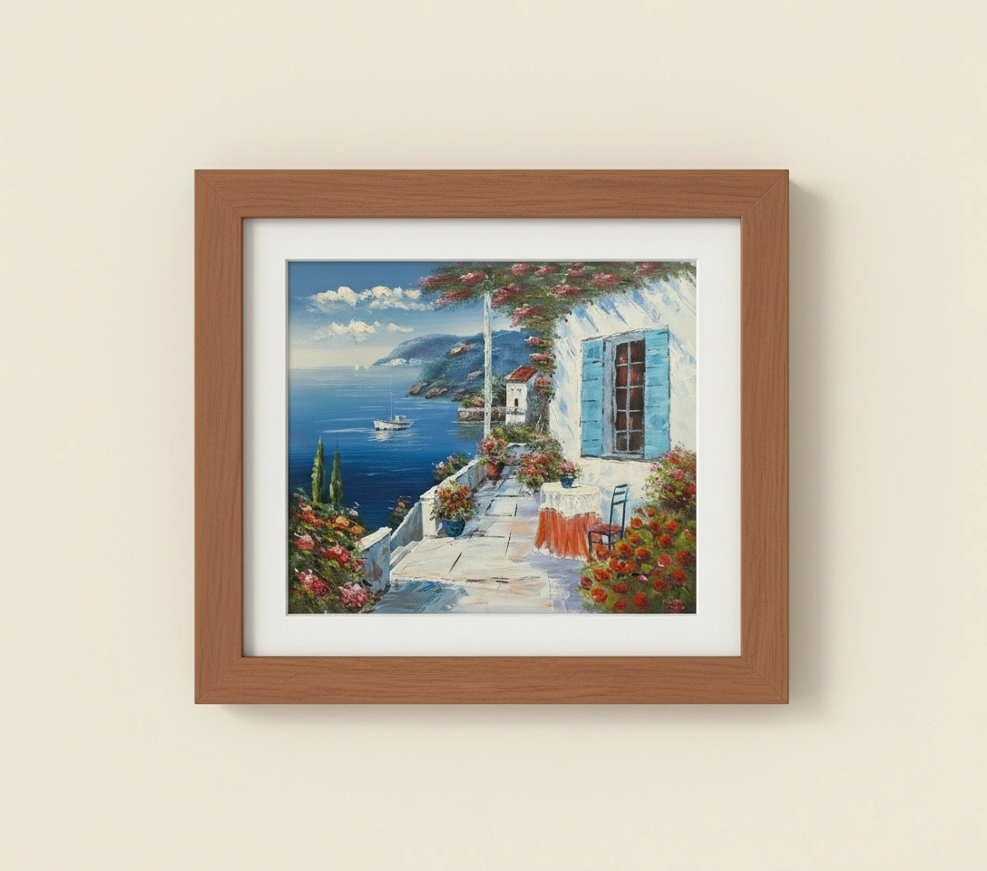 Framed painting of a coastal scene with flowers and a wooden frame.