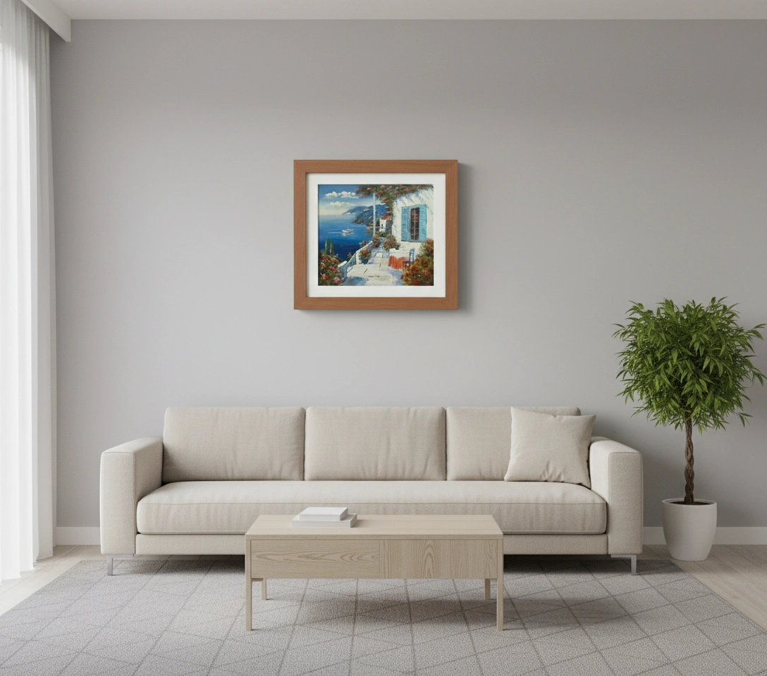 Living room with beige sofa, wooden coffee table, and framed artwork on a gray wall.