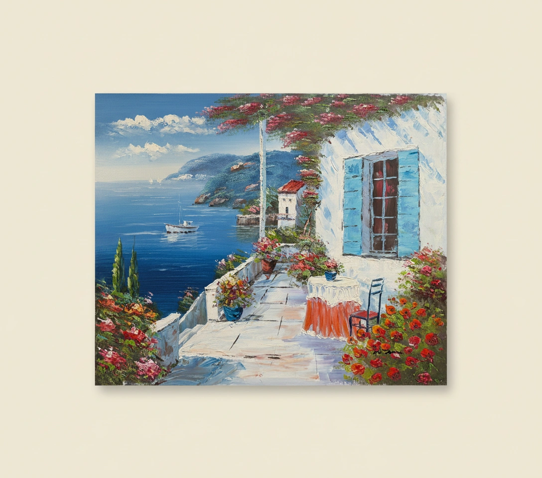 Painting of a coastal scene with flowers and a house.