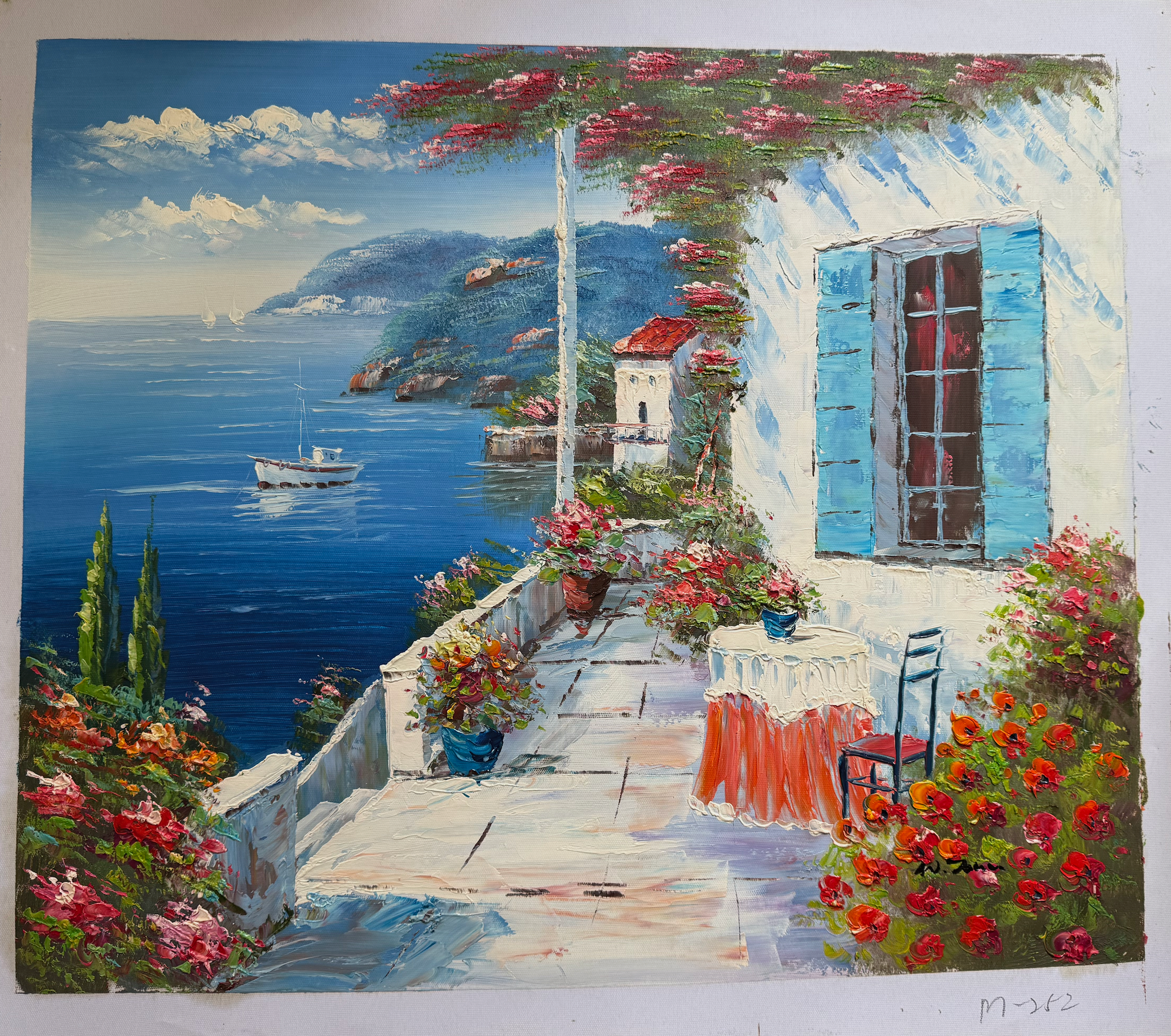 Painting of a coastal scene with flowers, a chair, and a boat.