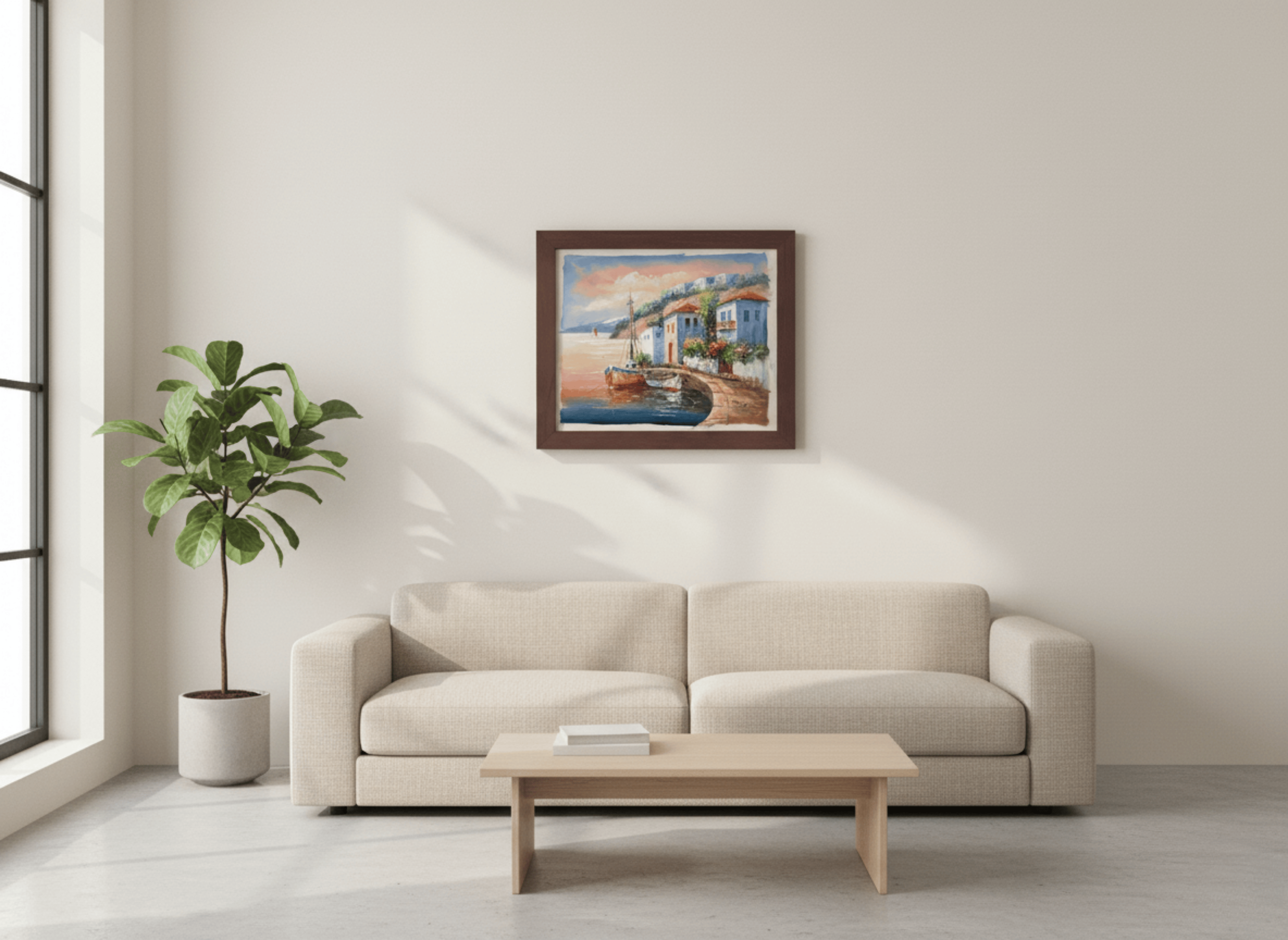 Modern living room with a beige sofa, wooden coffee table, and framed artwork on the wall.