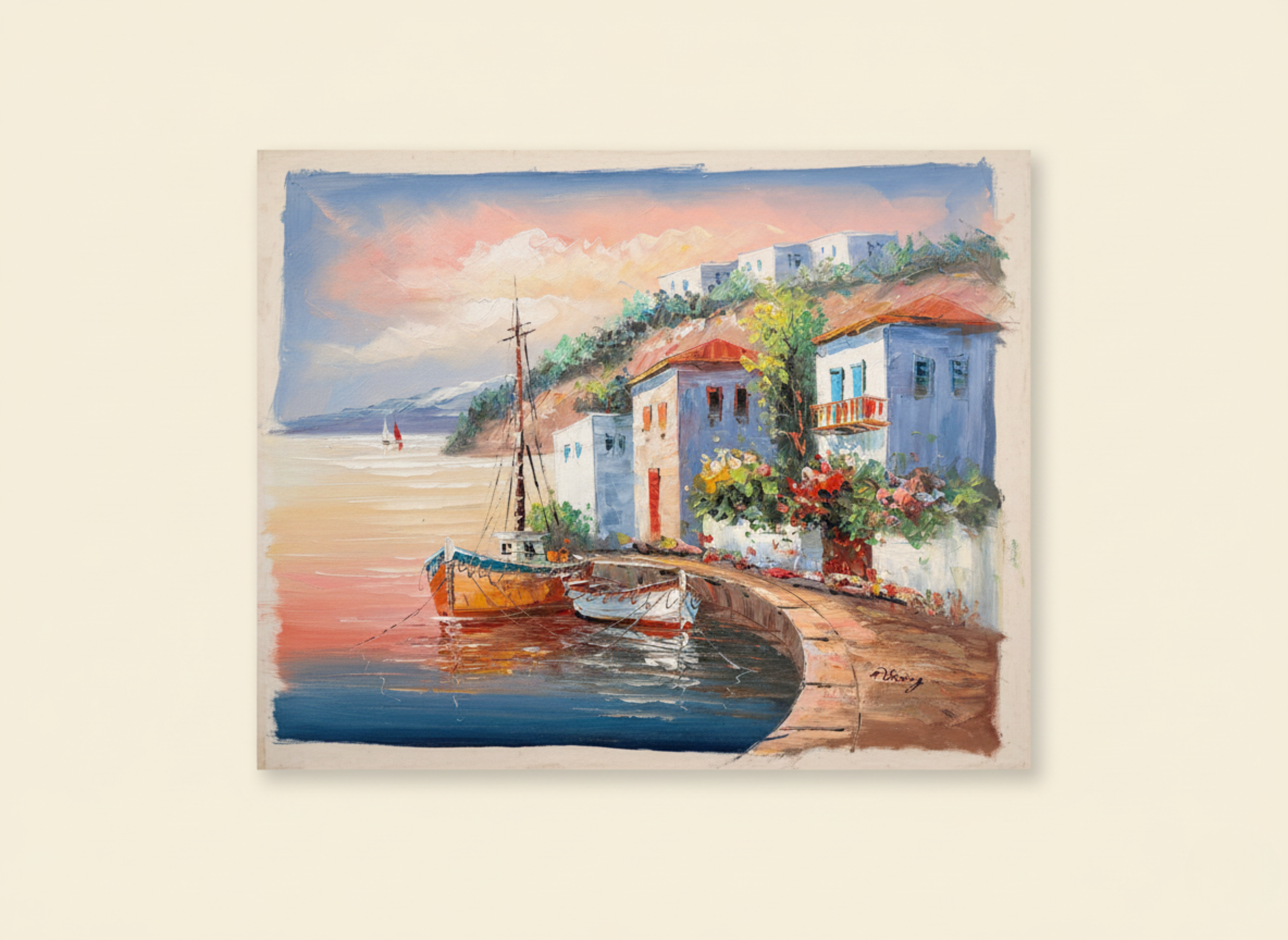 Painting of a coastal scene with boats and buildings.