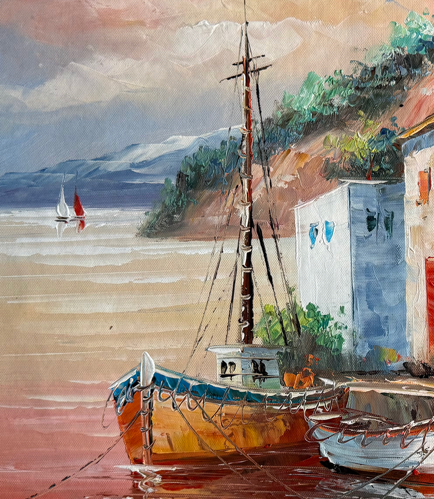 Painting of a harbor scene with boats and buildings.