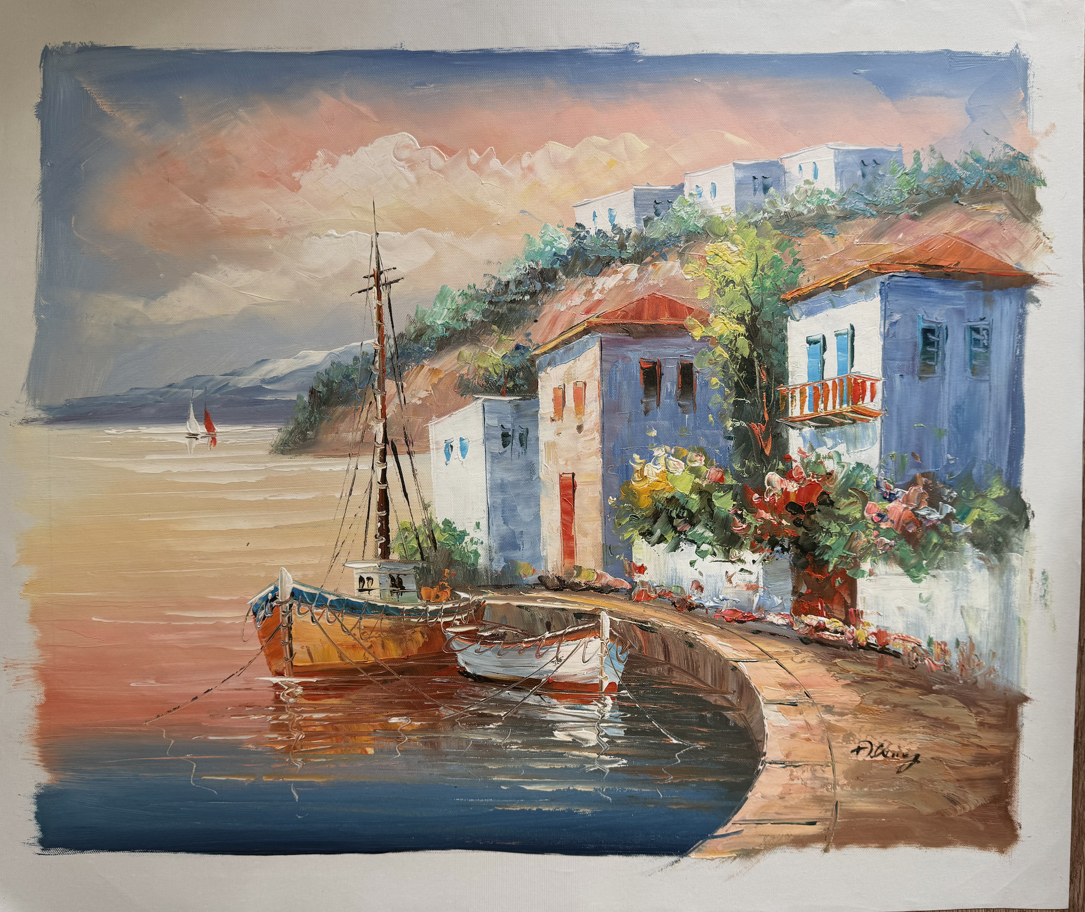 Painting of a coastal scene with boats and buildings.