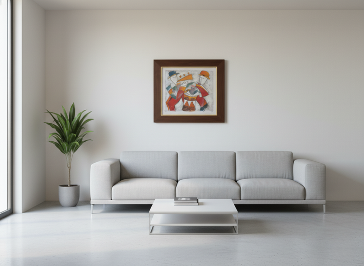 Modern living room with a gray sofa, coffee table, and framed artwork on the wall.
