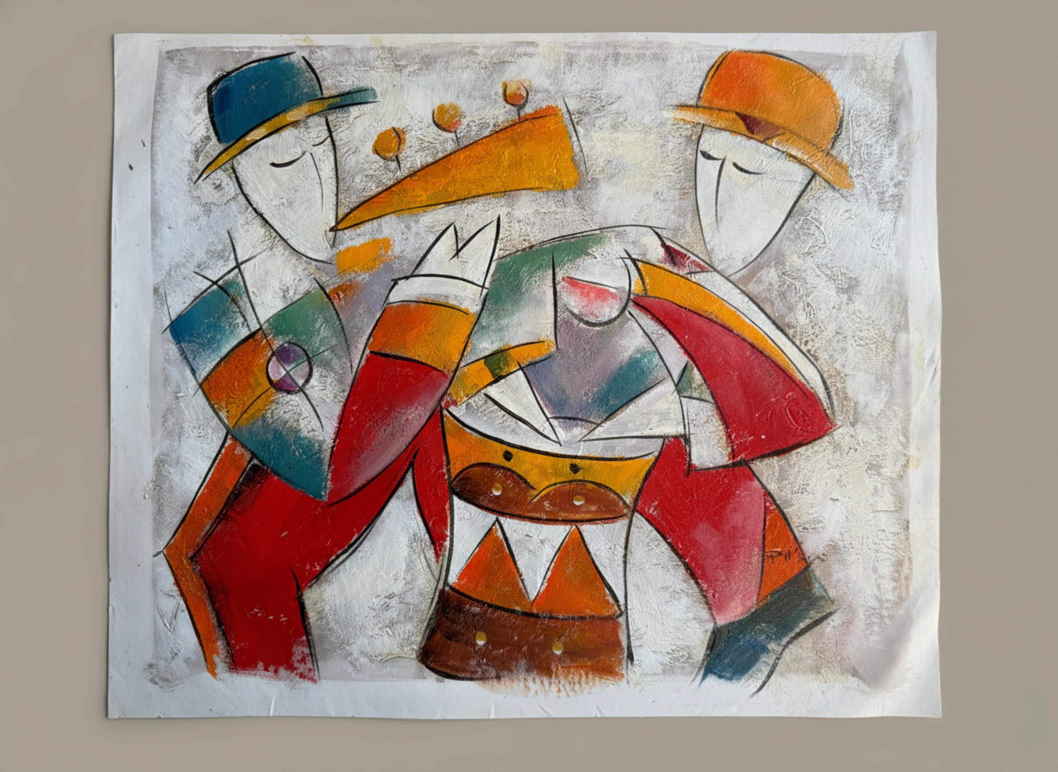 Abstract artwork of three figures with colorful clothing and hats on a textured background