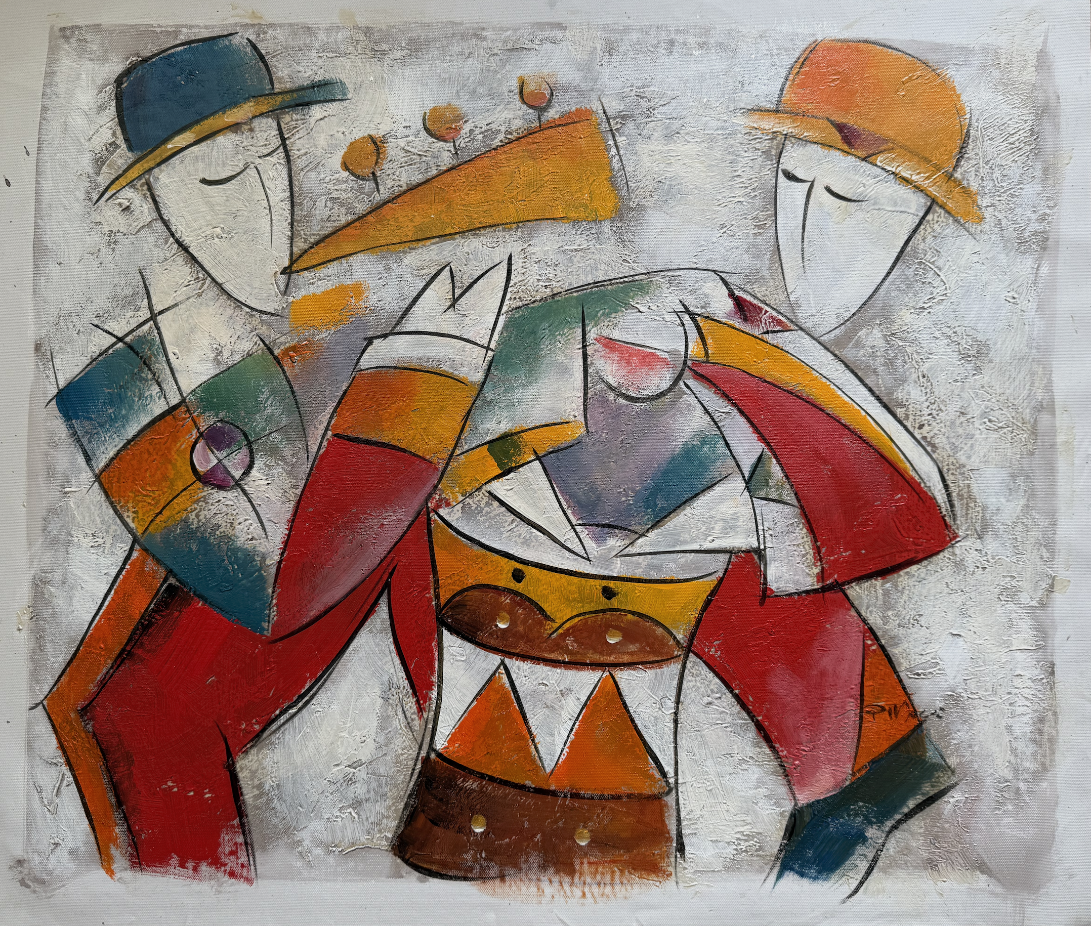 Abstract artwork of three figures with colorful clothing and hats on a textured background