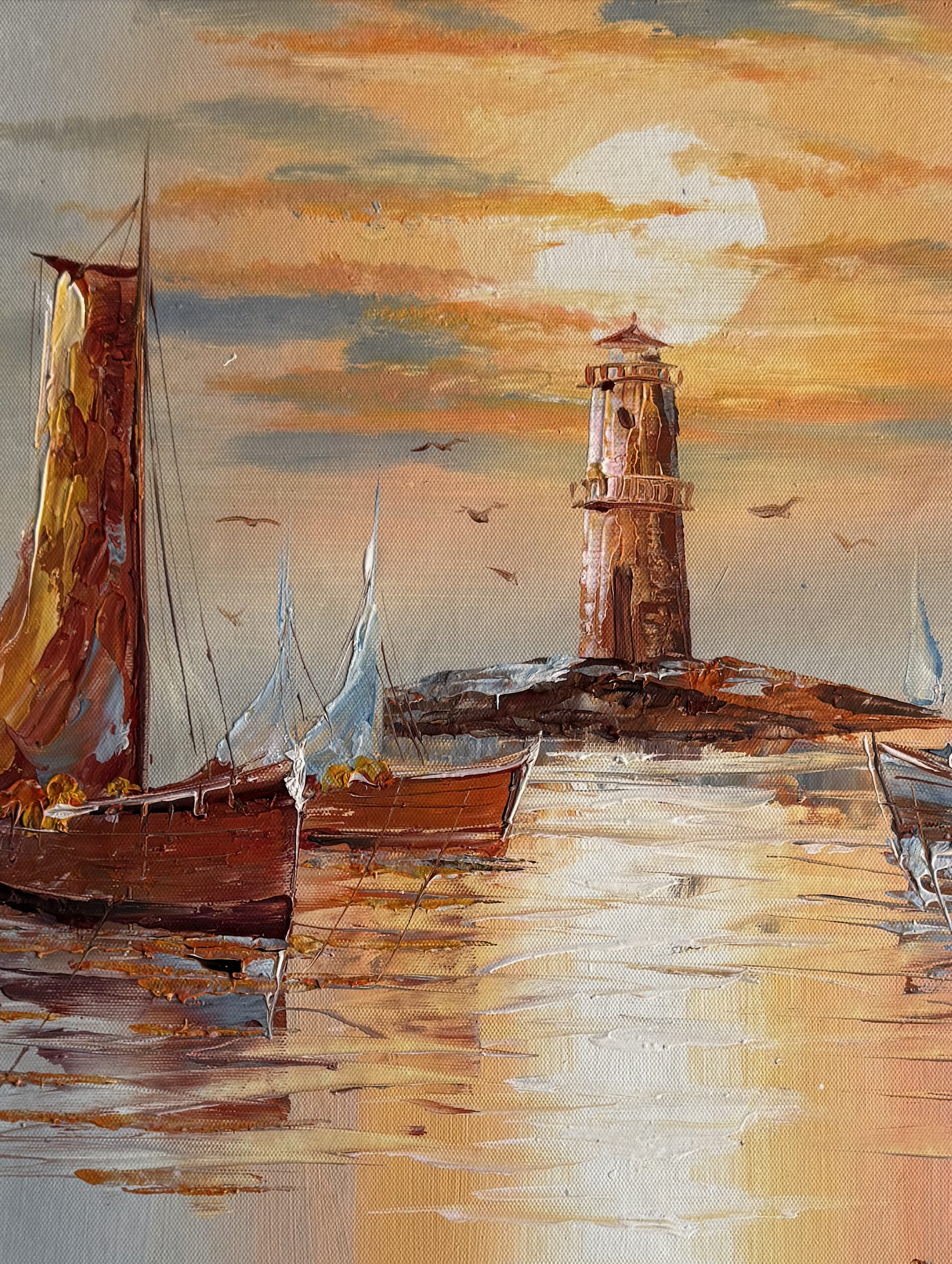 Painting of a lighthouse and boats on a dock with a sunset sky.