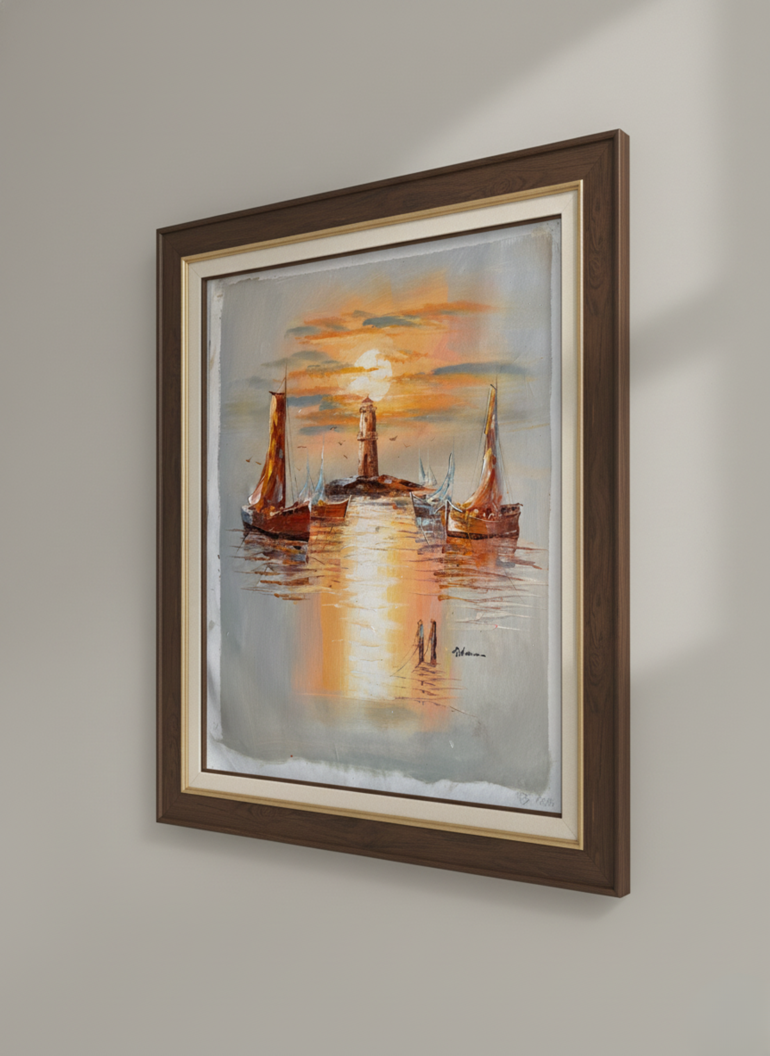 Framed painting of sailboats at sunset on a wall