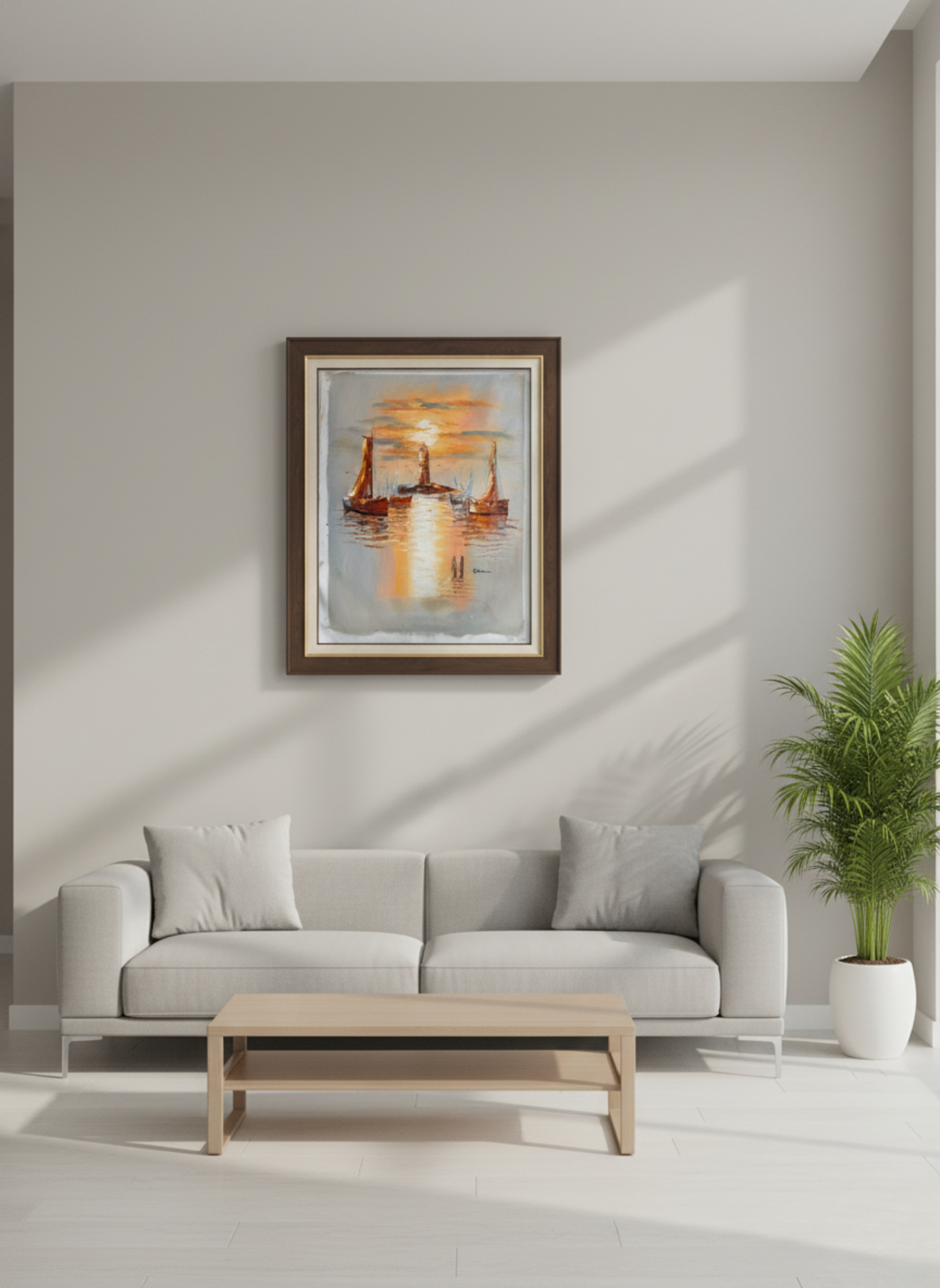 Modern living room with a gray sofa, wooden coffee table, and framed artwork on the wall.