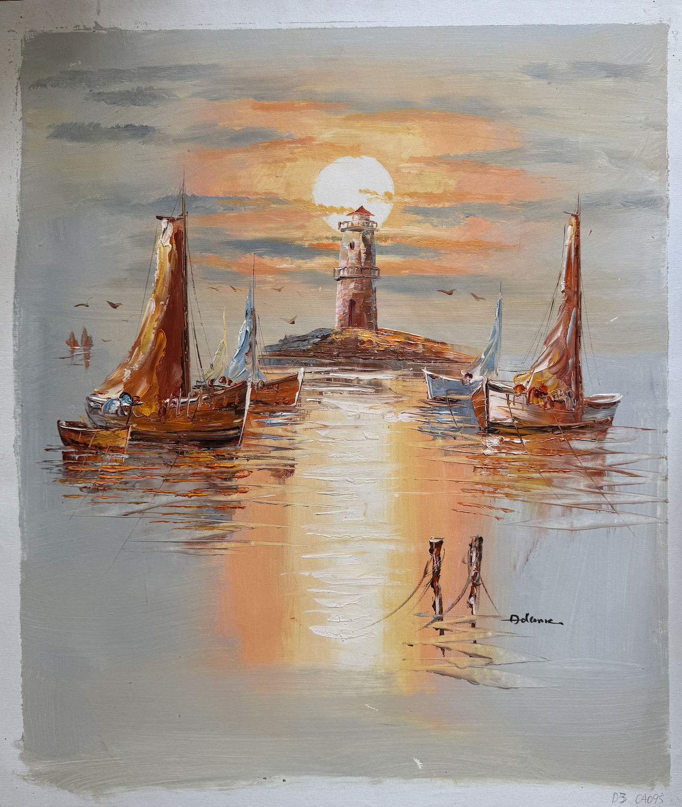 Painting of a lighthouse with sailboats at sunset.