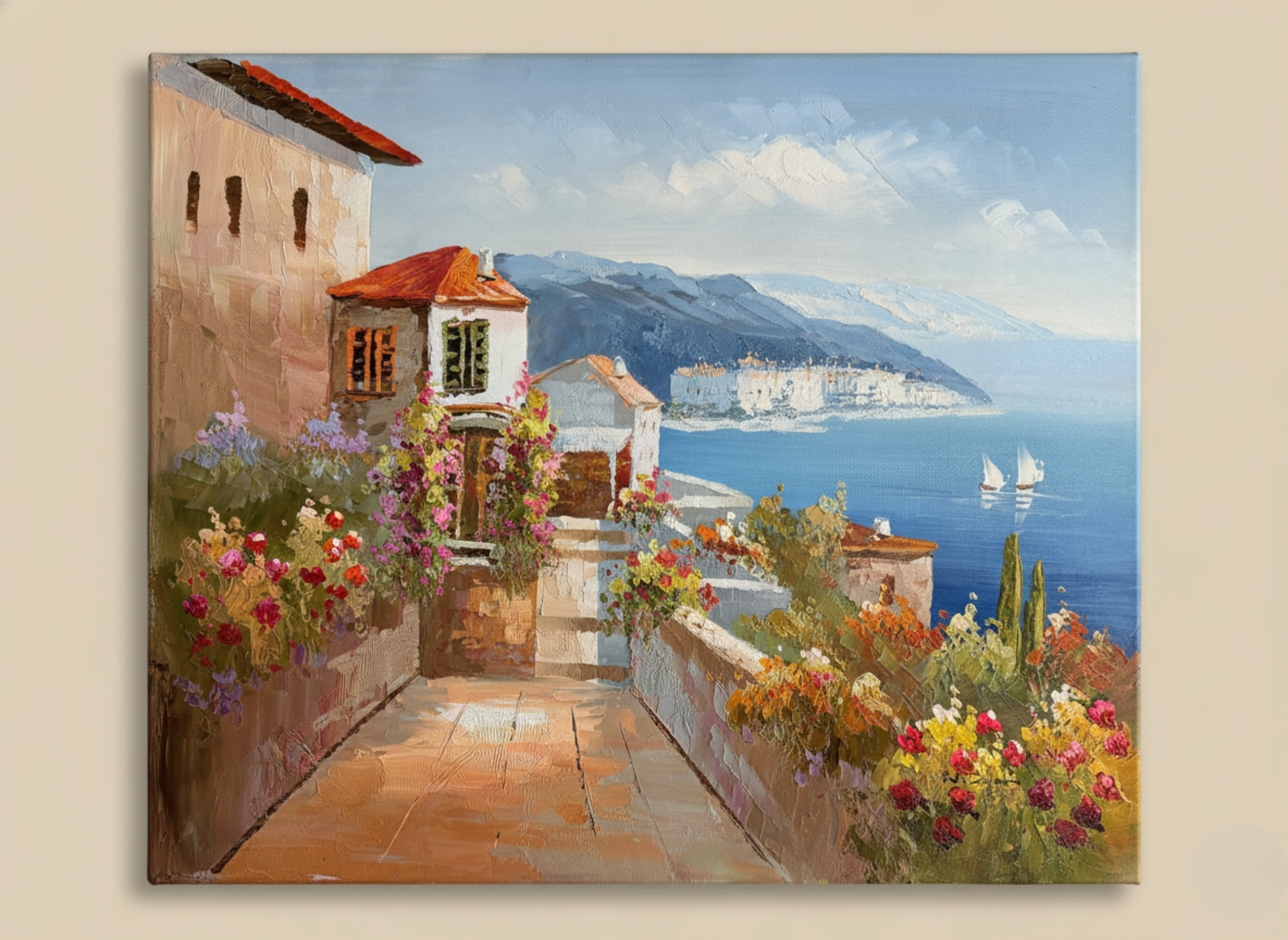 Painting of a coastal scene with houses, flowers, and mountains.
