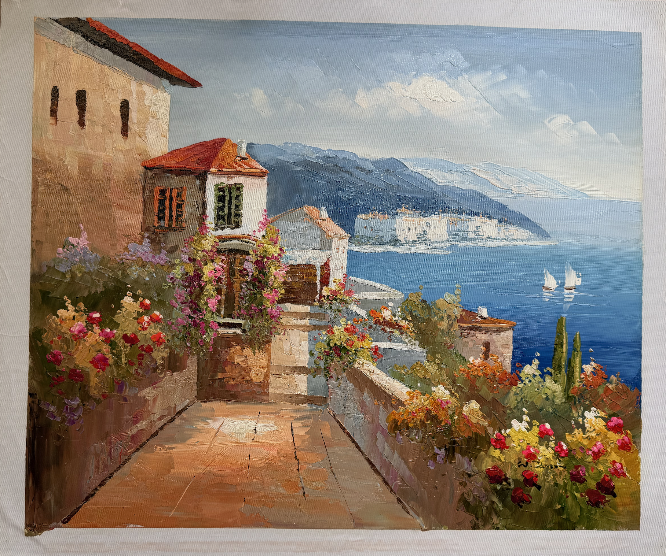 Painting of a coastal scene with houses, flowers, and boats.