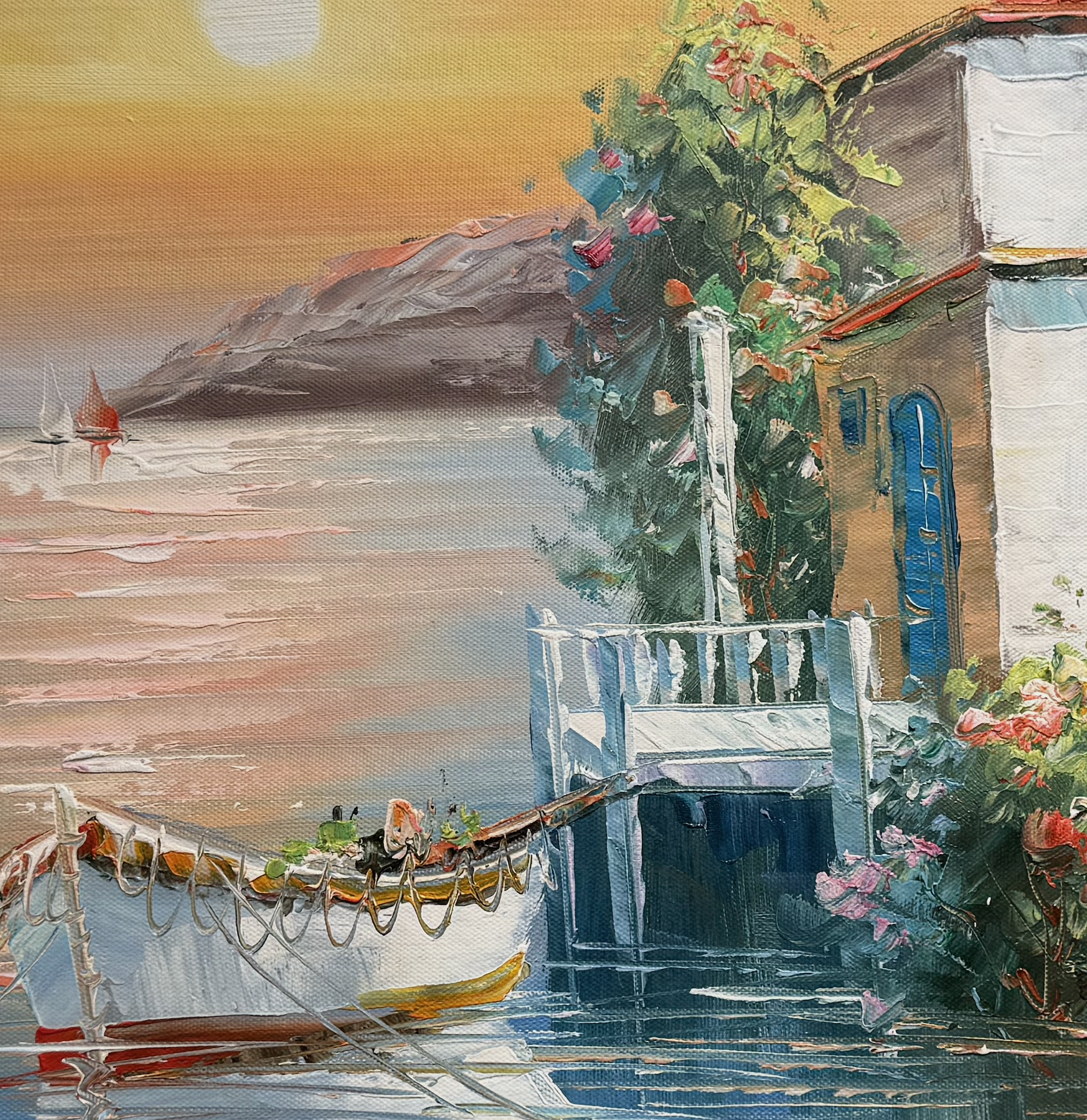 Painting of a coastal scene with a boat, house, and mountains.