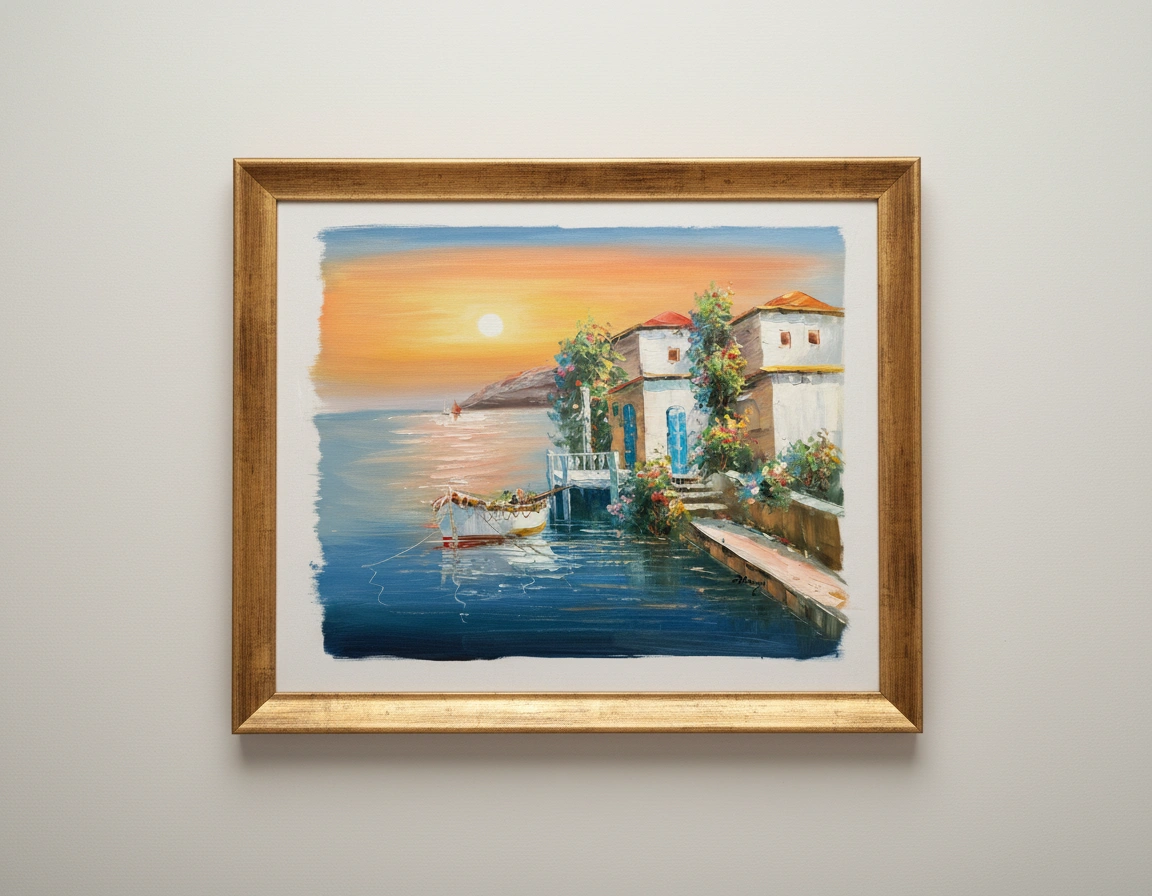 Framed painting of a sunset over a coastal scene with a boat and buildings.