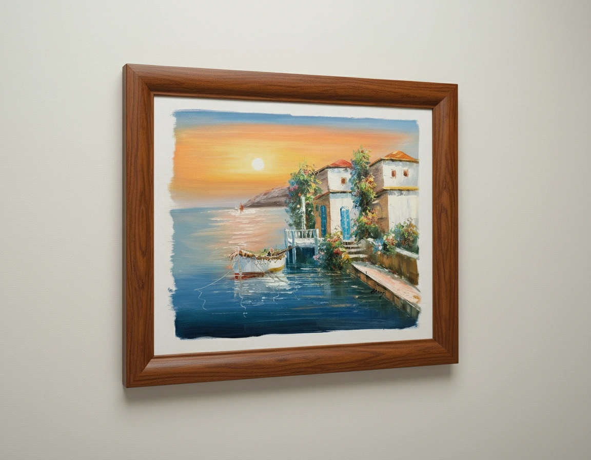 Framed painting of a coastal scene with houses and sunset on a beige wall.