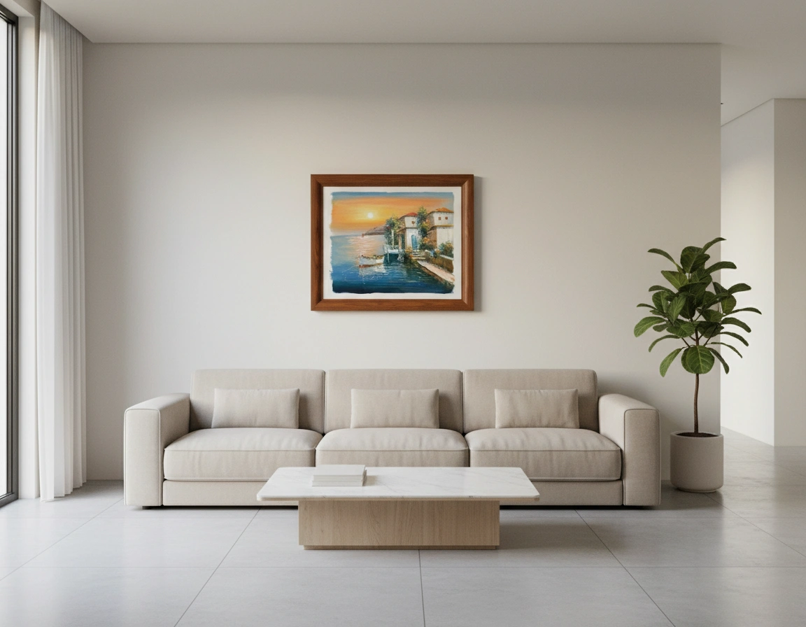 Modern living room with a beige sectional sofa, coffee table, and decorative plant.