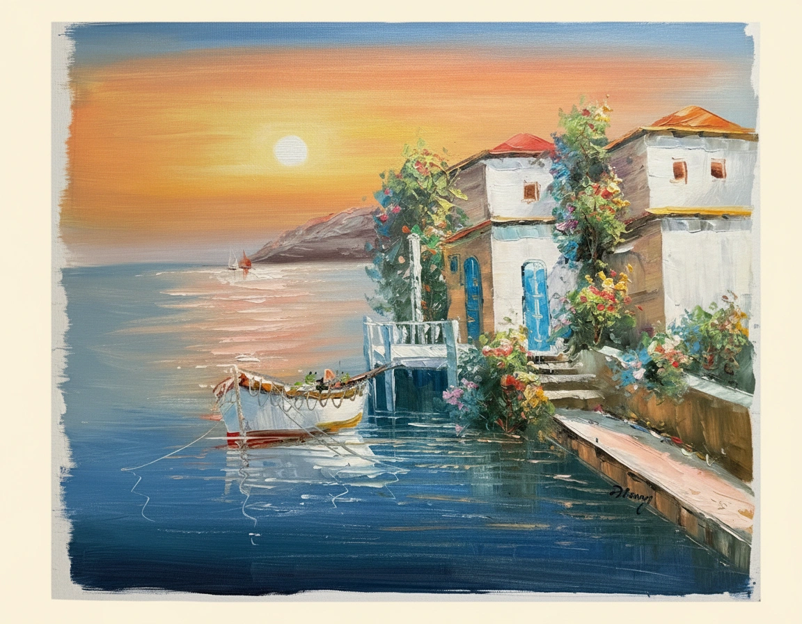 Painting of a coastal scene with buildings, flowers, and a boat on a sunset background.