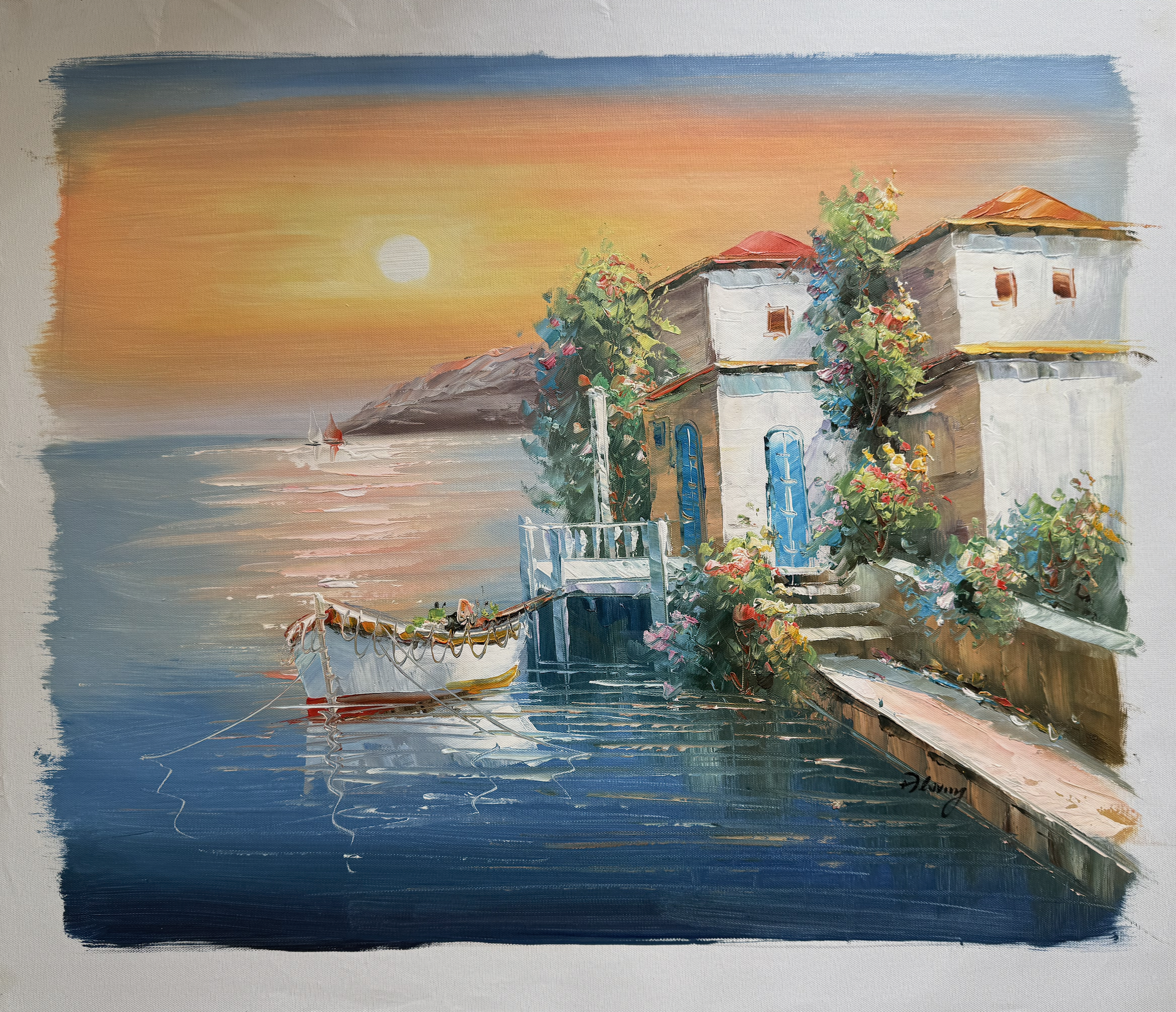 Painting of a coastal scene with a house, boat, and sunset.