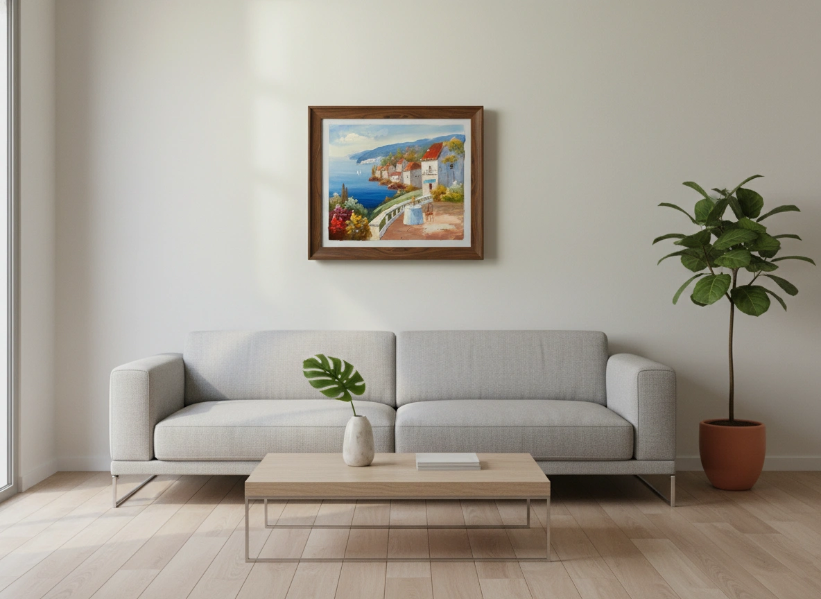 Modern living room with a gray sofa, wooden coffee table, and framed artwork on the wall.