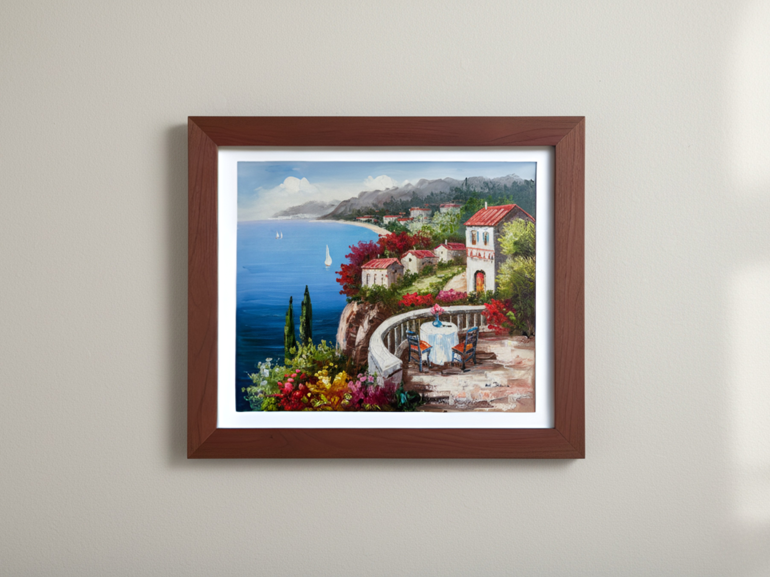 Framed painting of a coastal scene with a couple on a bench.