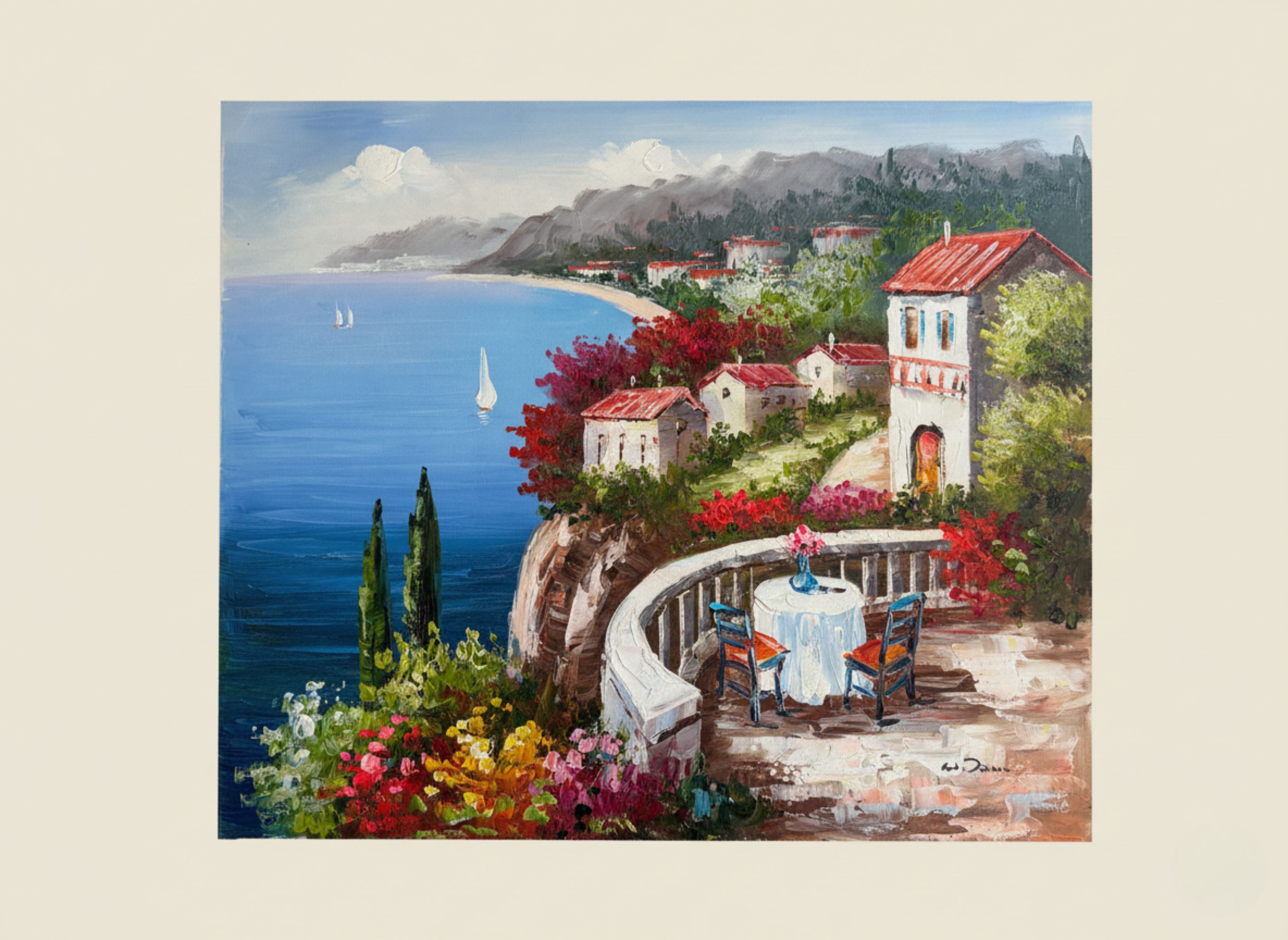 Painting of a scenic coastal village with a table and chairs by the sea.