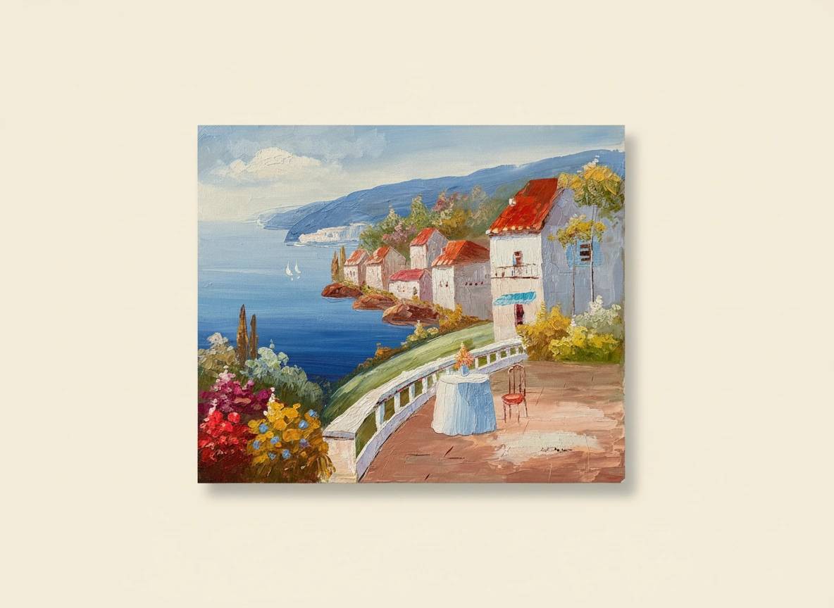 Painting of a coastal scene with houses and a bench.