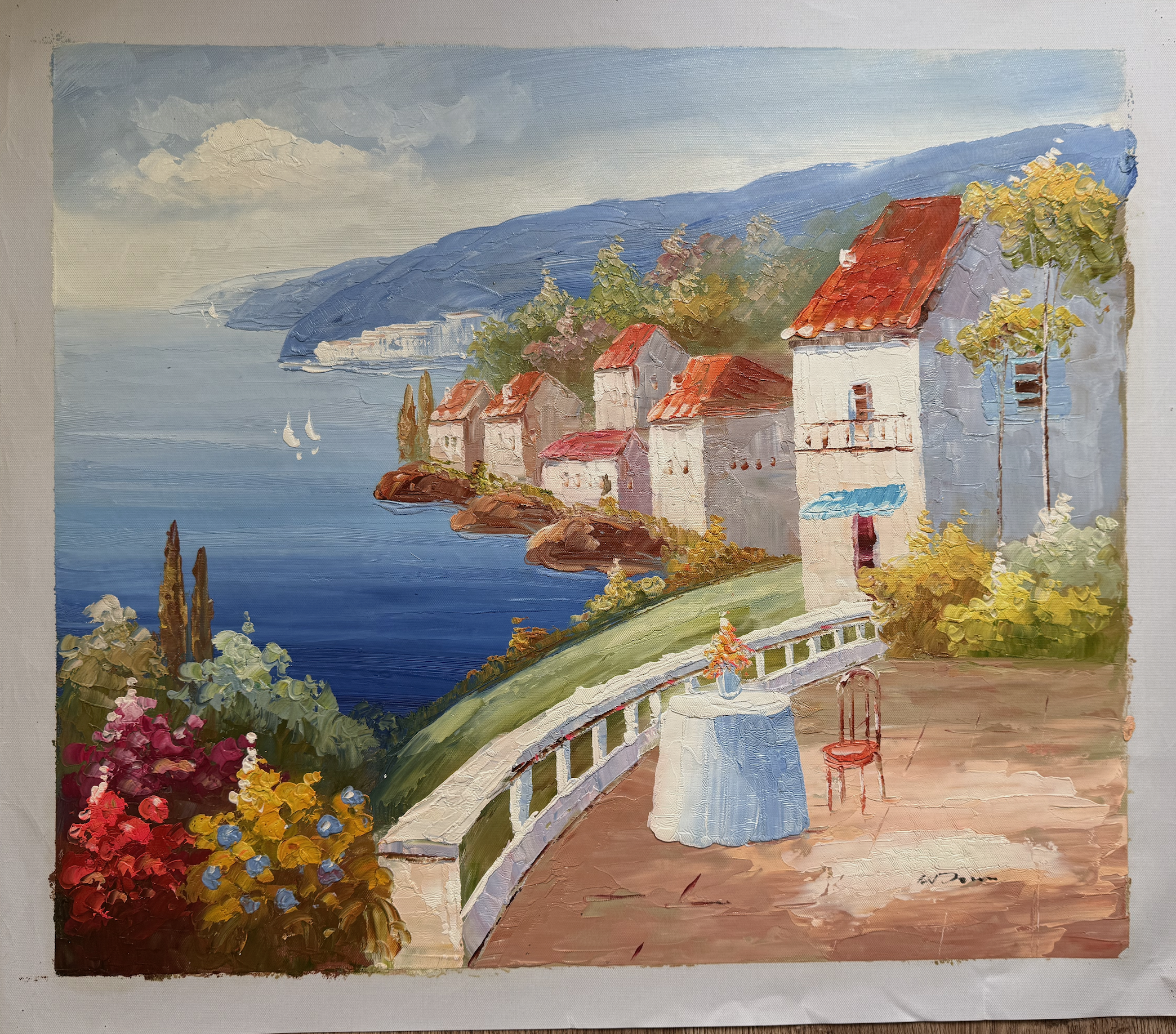 Painting of a coastal scene with houses, a bridge, and flowers.