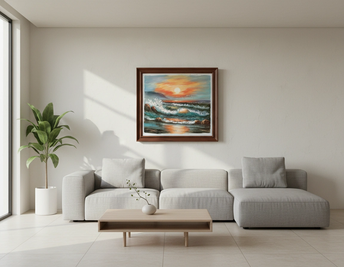 Living room with a gray sofa, wooden coffee table, and framed artwork on the wall.