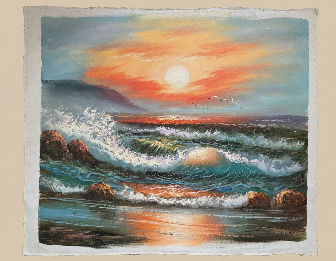 Painting of a sunset over the ocean with waves crashing against rocks.
