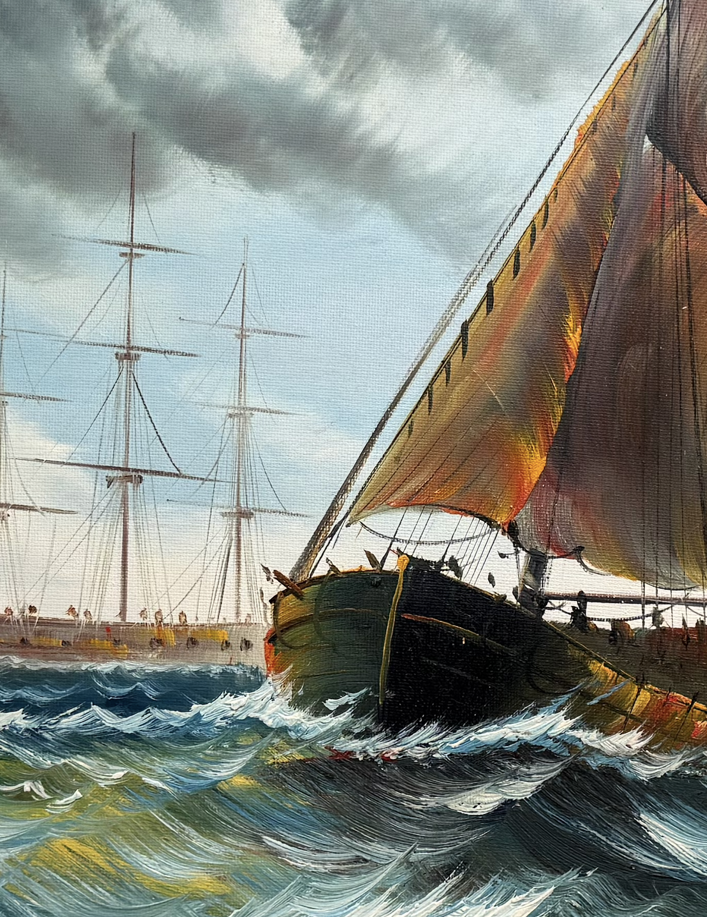 Painting of a large sailing ship on choppy waters with another ship in the background.