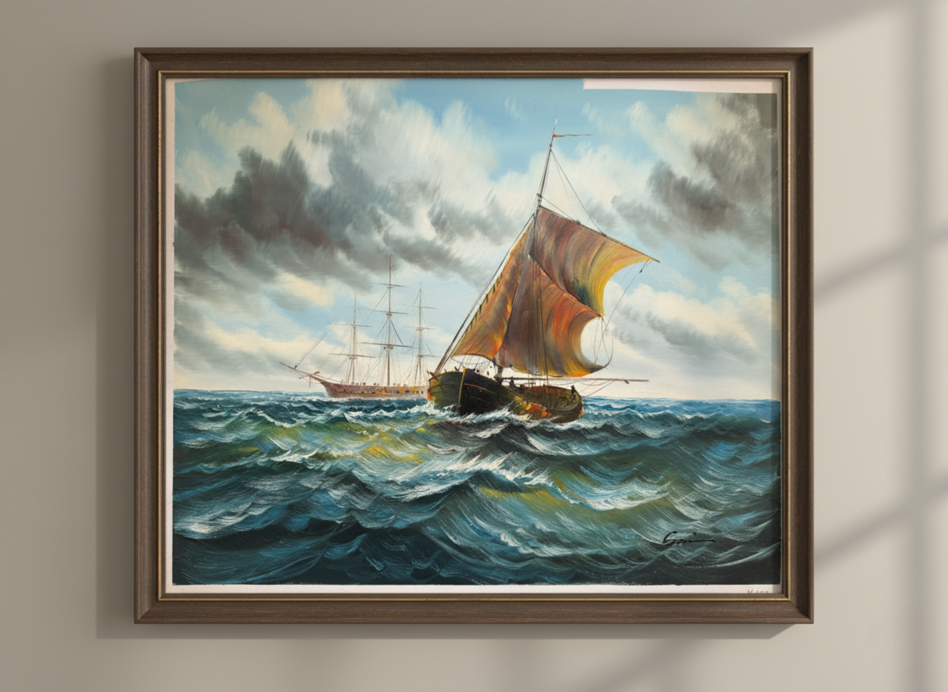 Framed painting of a sailboat on choppy waters with another ship in the background.