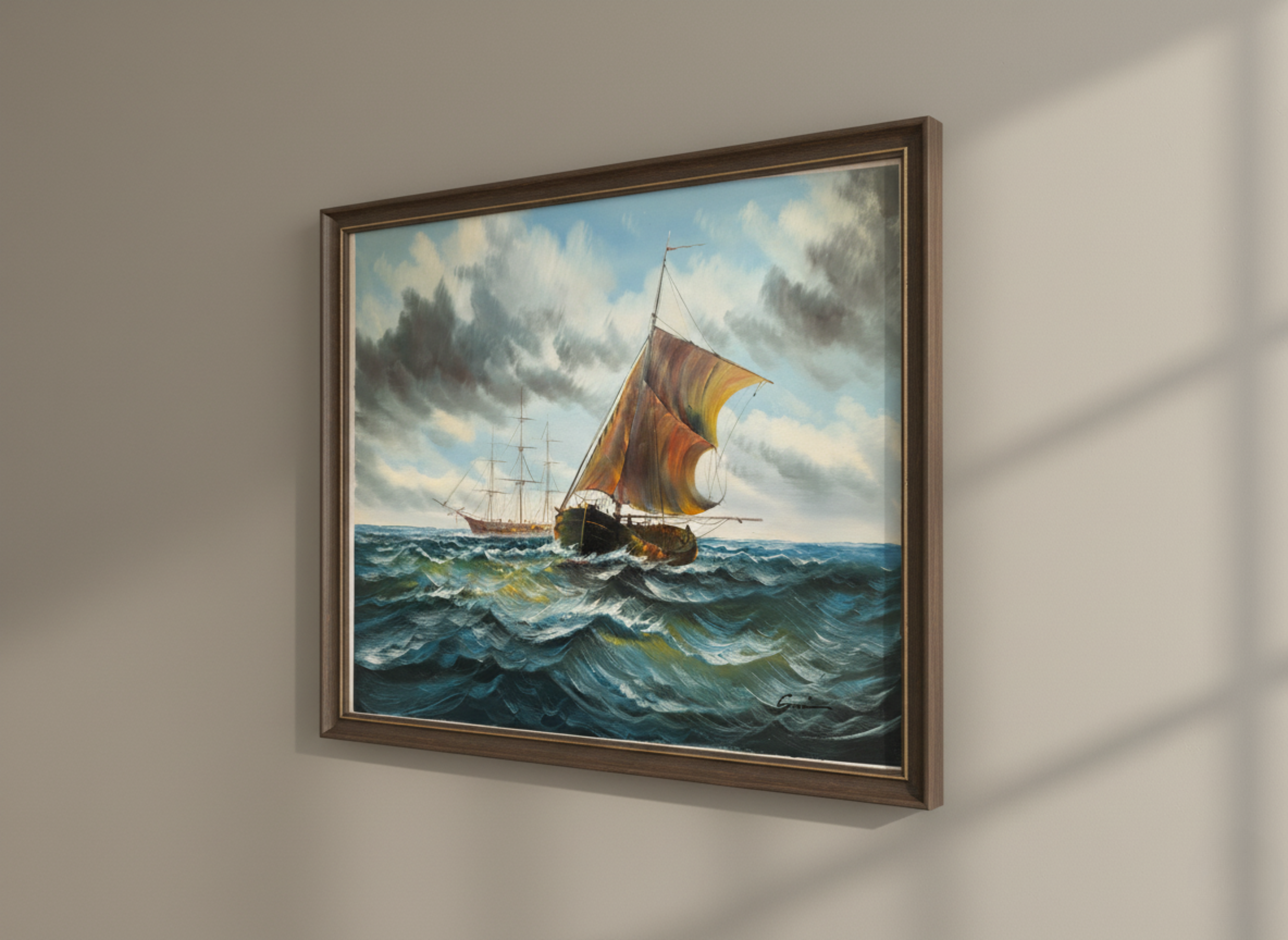Framed painting of a sailboat on a stormy sea hanging on a wall.