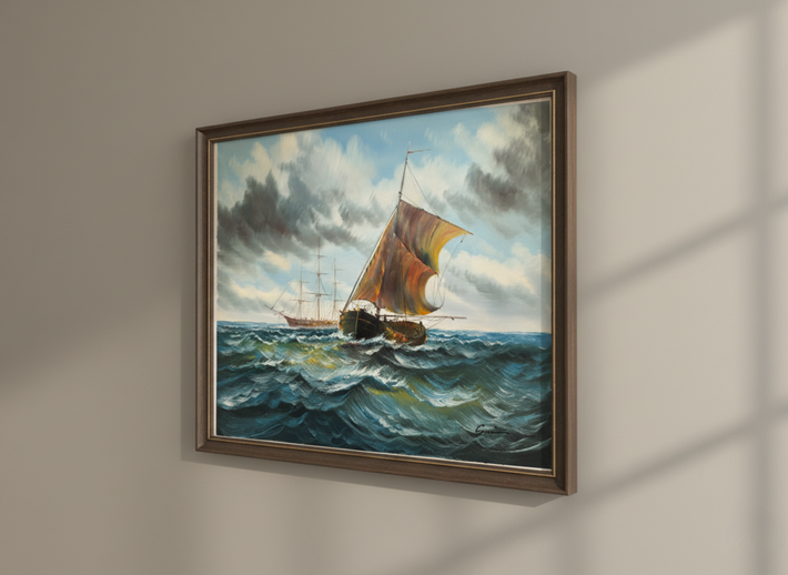 Framed painting of a sailboat on a stormy sea hanging on a wall.